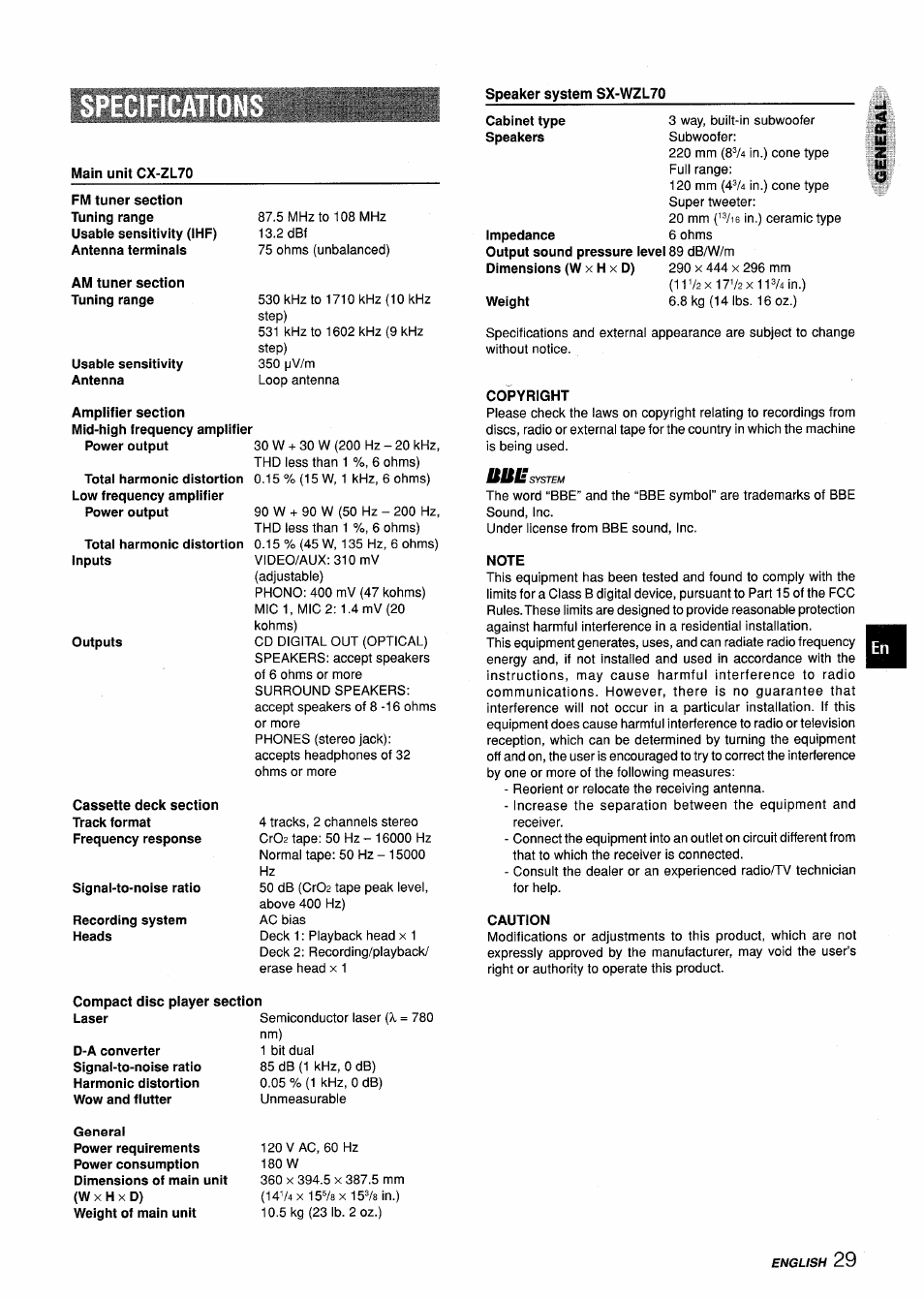 Speaker system sx-wzl70, Urns | Aiwa Z-L70 User Manual | Page 29 / 88
