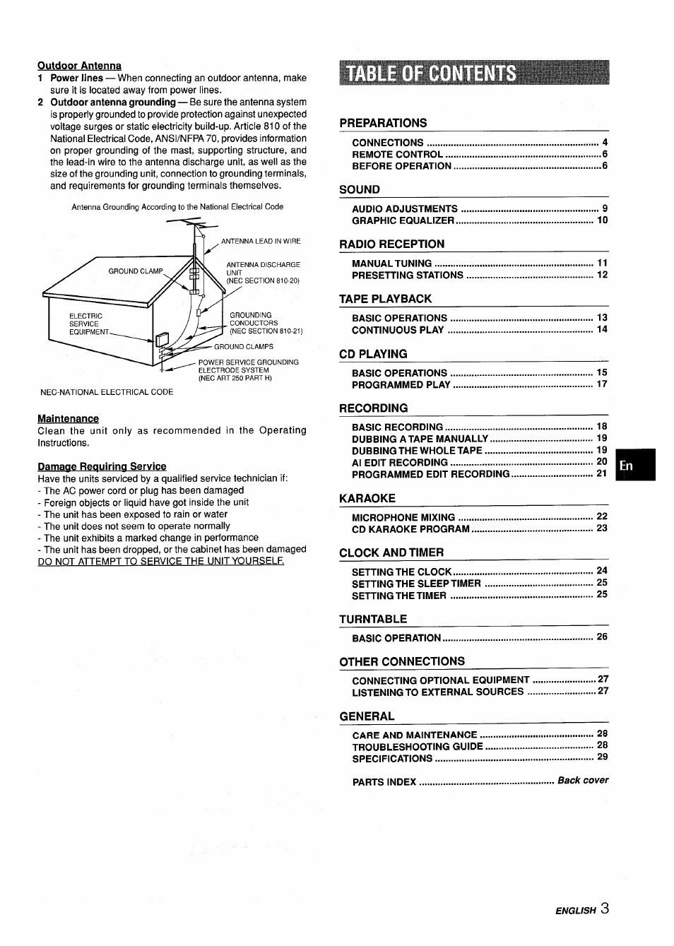 Outdoor antenna, Maintenance, Damage requiring service | Aiwa Z-L70 User Manual | Page 3 / 88