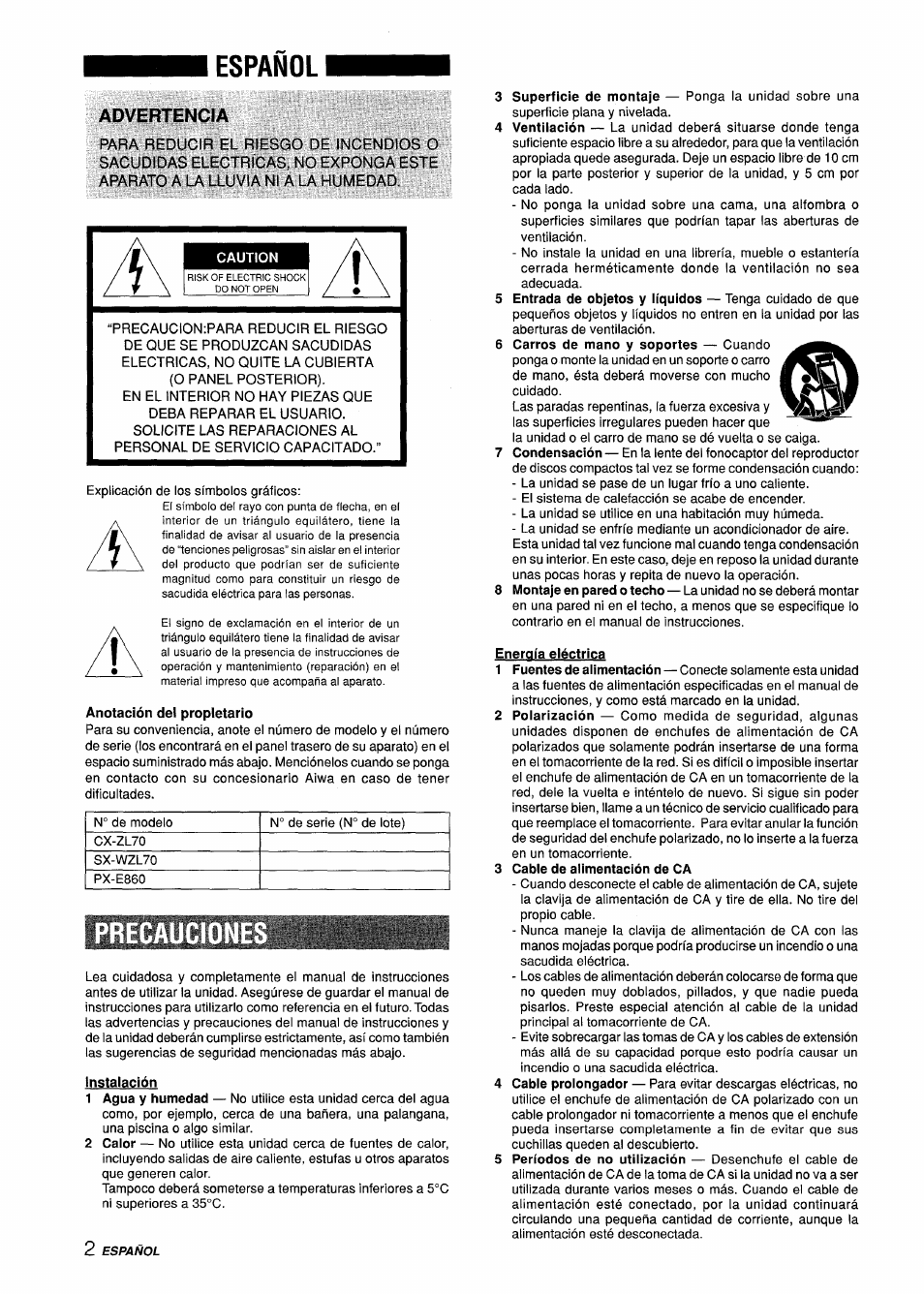Español, Advertencia, Anotación del propietario | Precaucio | Aiwa Z-L70 User Manual | Page 30 / 88