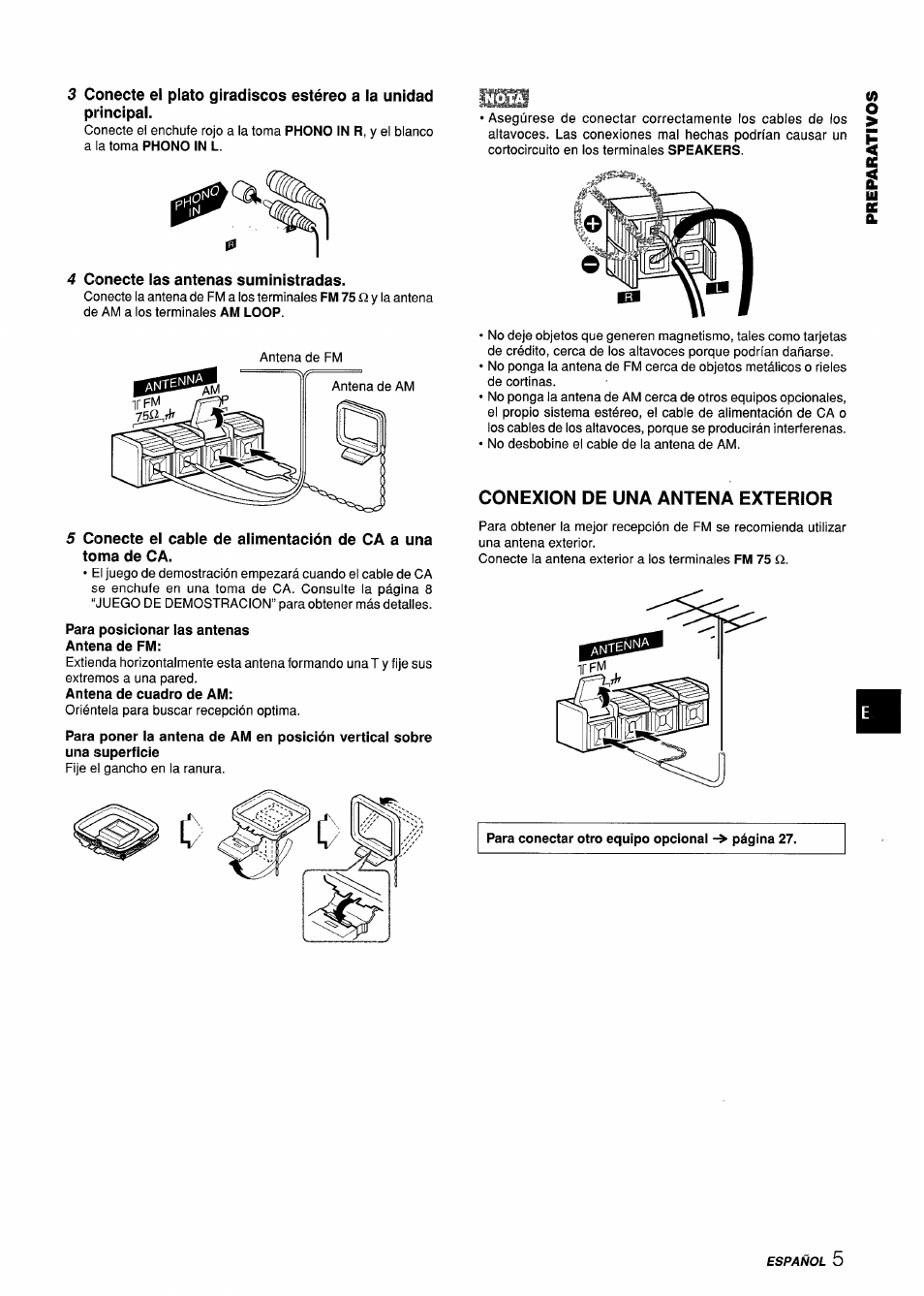 4 conecte las antenas suministradas, Para posicionar las antenas antena de fm, Conexion de una antena exterior | Aiwa Z-L70 User Manual | Page 33 / 88