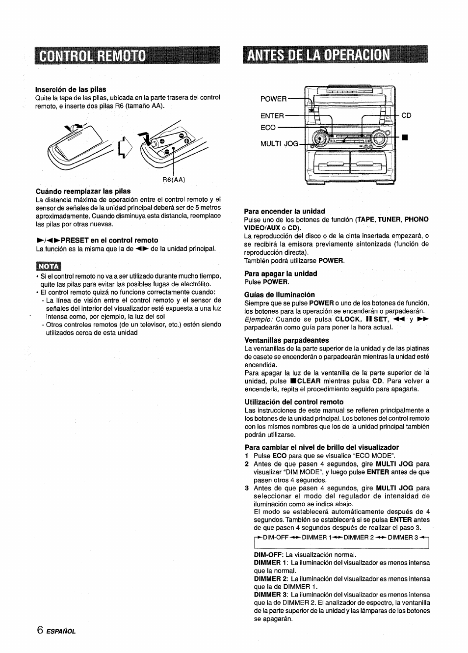 Inserción de las pilas, Cuándo reemplazar las pilas, Preset en el control remoto | Control remot, Antes de la operacion | Aiwa Z-L70 User Manual | Page 34 / 88