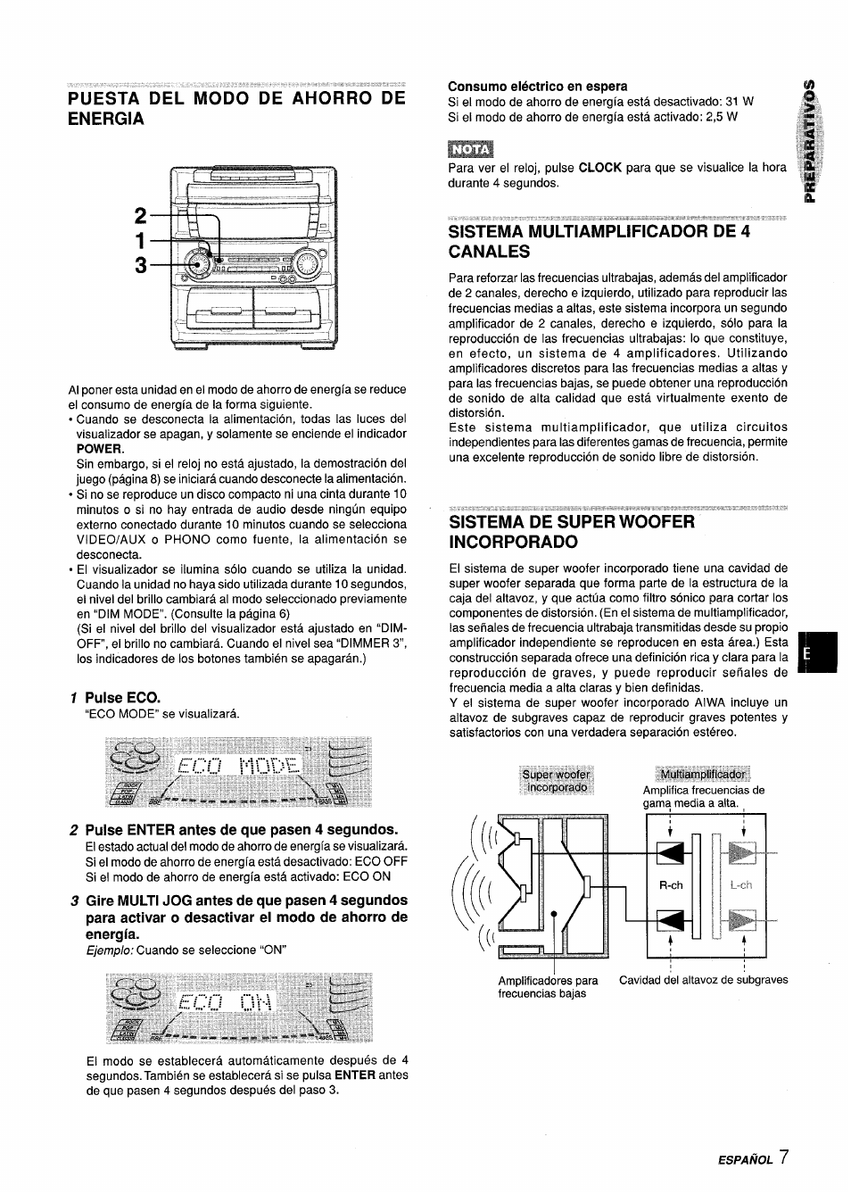 Puesta del modo de ahorro de energia, 1 pulse eco, 2 pulse enter antes de que pasen 4 segundos | Consumo eléctrico en espera, Eco n v á | Aiwa Z-L70 User Manual | Page 35 / 88