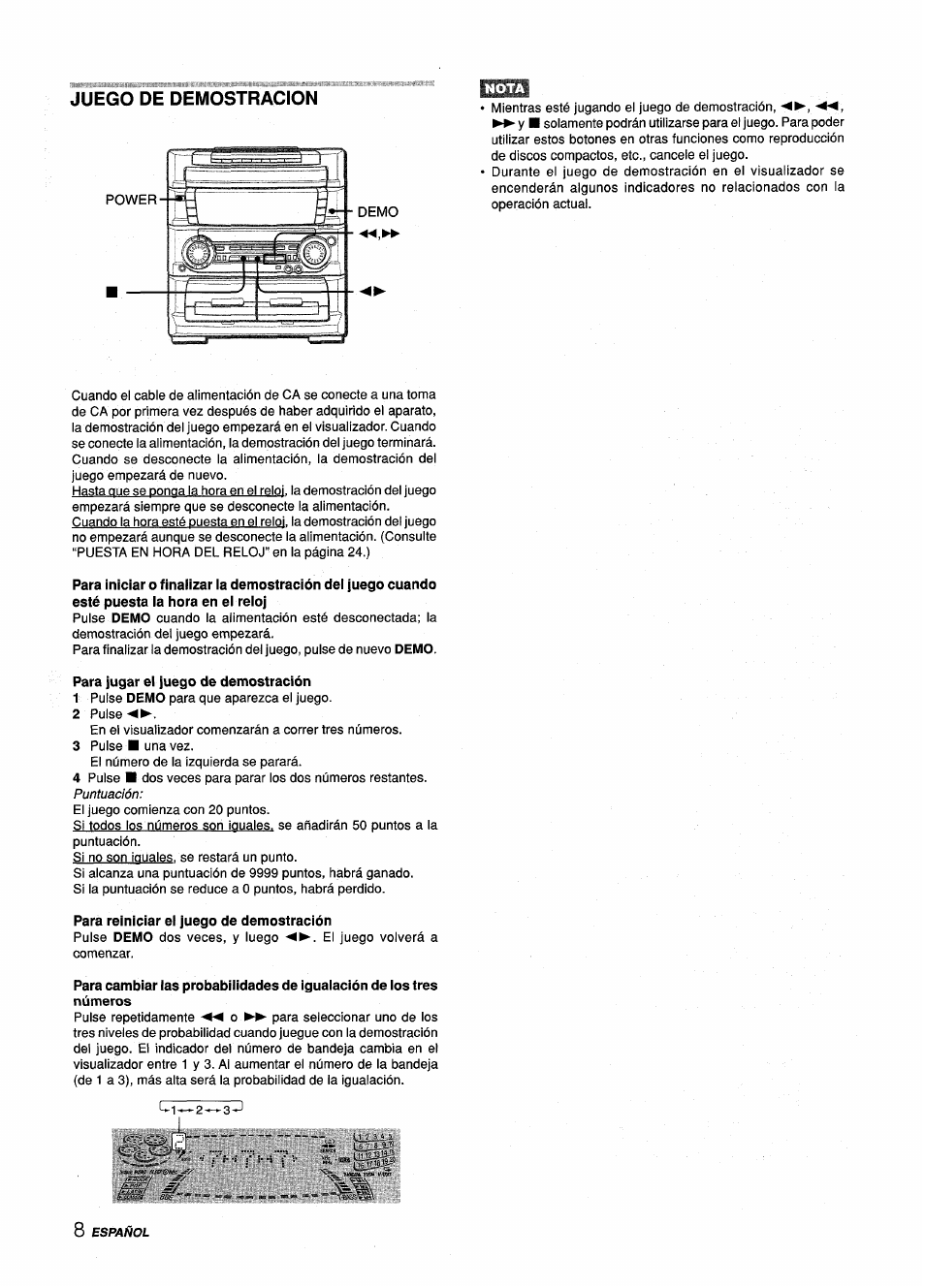 Juego de demostracion, Para jugar el juego de demostración, Para reiniciar ei juego de demostración | Aiwa Z-L70 User Manual | Page 36 / 88