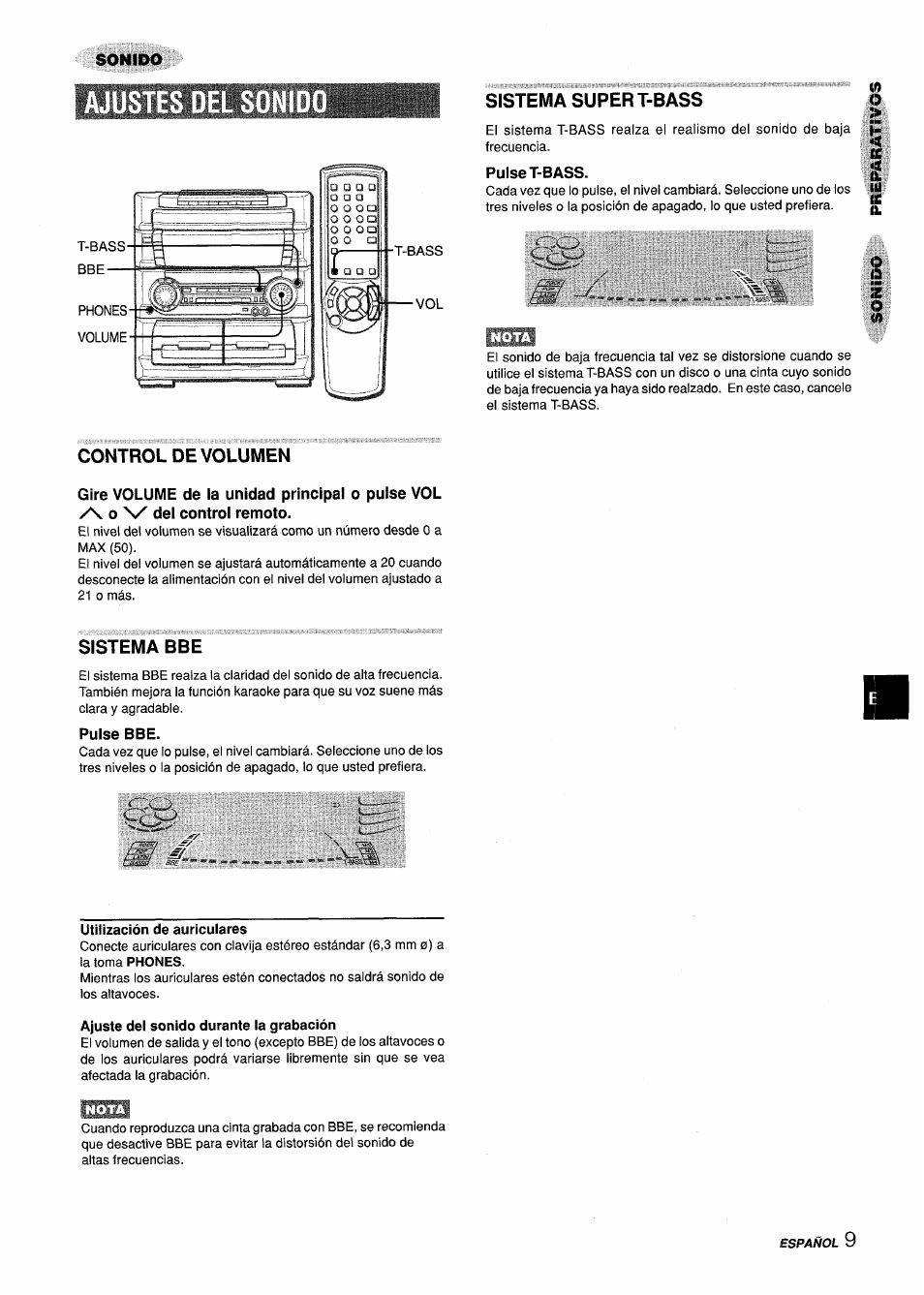 Sistema super t-bass, Pulse t-bass, Control de volumen | Sistema bbe, Pulse bbe, Utilización de auriculares, Ajuste del sonido durante la grabación | Aiwa Z-L70 User Manual | Page 37 / 88