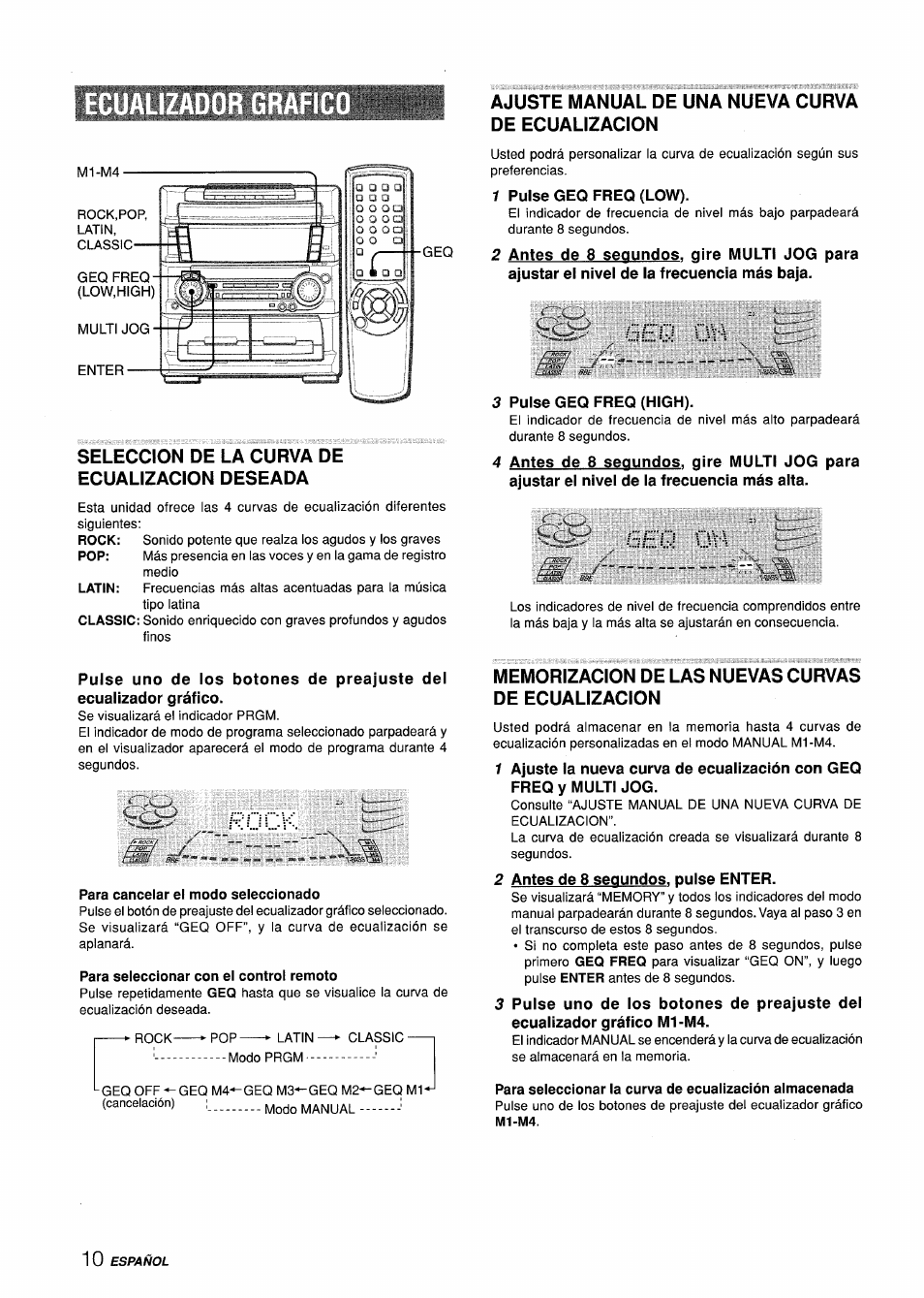 Seleccion de la curva de ecualizacion deseada, Para cancelar el modo seleccionado, Para seleccionar con el control remoto | Ajuste manual de una nueva curva de ecualizacion, Memorizacion de las nuevas curvas de ecualizacion, Rock, 6eq ova | Aiwa Z-L70 User Manual | Page 38 / 88