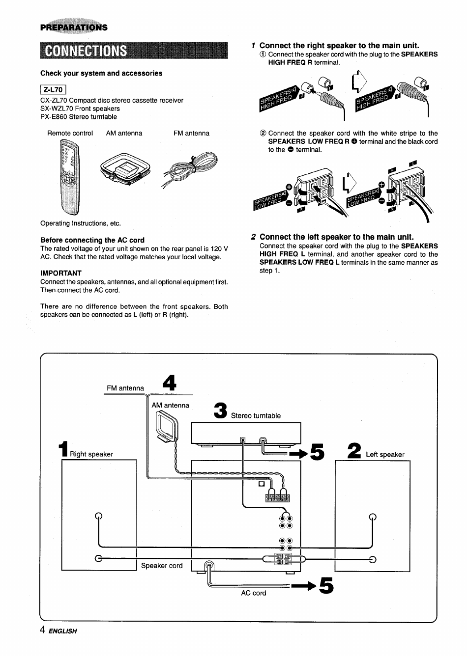 Connections, 1 connect the right speaker to the main unit, 2 connect the left speaker to the main unit | Aiwa Z-L70 User Manual | Page 4 / 88