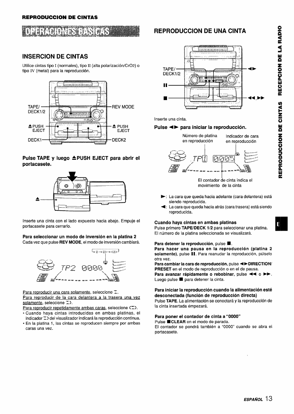 Insercion de cintas, Reproduccion de una cinta, Pulse para iniciar la reproducción | Cuando haya cintas en ambas platinas, Para poner el contador de cinta a “0000 | Aiwa Z-L70 User Manual | Page 41 / 88
