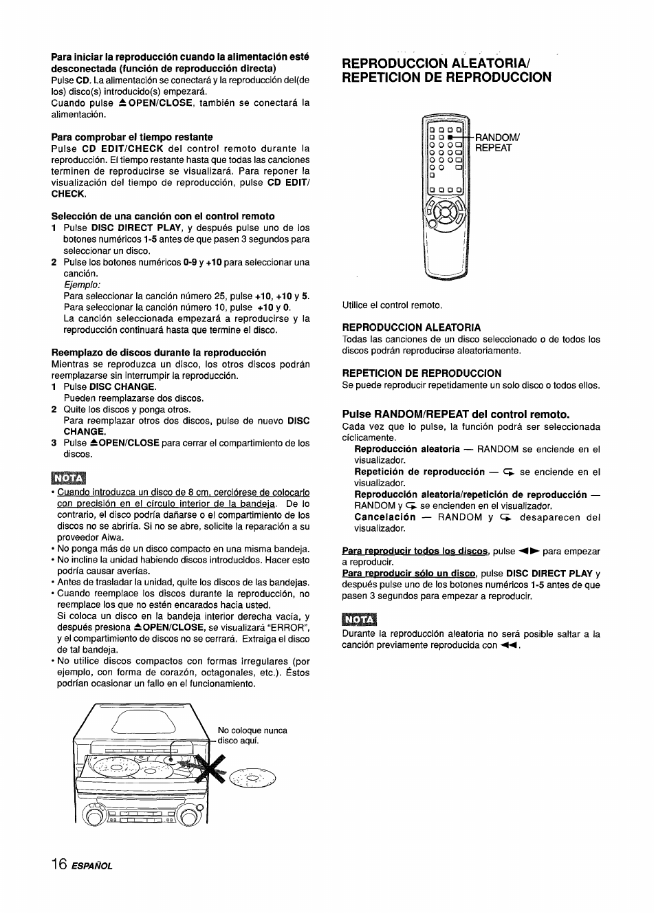 Para comprobar el tiempo restante, Check, Selección de una canción con el control remoto | Reemplazo de discos durante la reproducción, 1 pulse disc change, Reproduccion aleatoria/ repeticion de reproduccion, Reproduccion aleatoria, Repeticion de reproduccion, Pulse random/repeat del control remoto, Reproducción aleatoria/repetición de reproducción | Aiwa Z-L70 User Manual | Page 44 / 88
