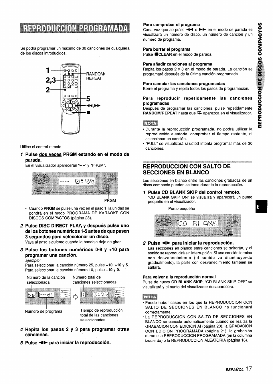 Reproduccion programada, Para comprobar el programa, Para borrar el programa | Para añadir canciones al programa, Para cambiar ias canciones programadas, Reproduccion con salto de secciones en blanco, Para volver a la reproducción normal, Sij m, Ibsiisii | Aiwa Z-L70 User Manual | Page 45 / 88