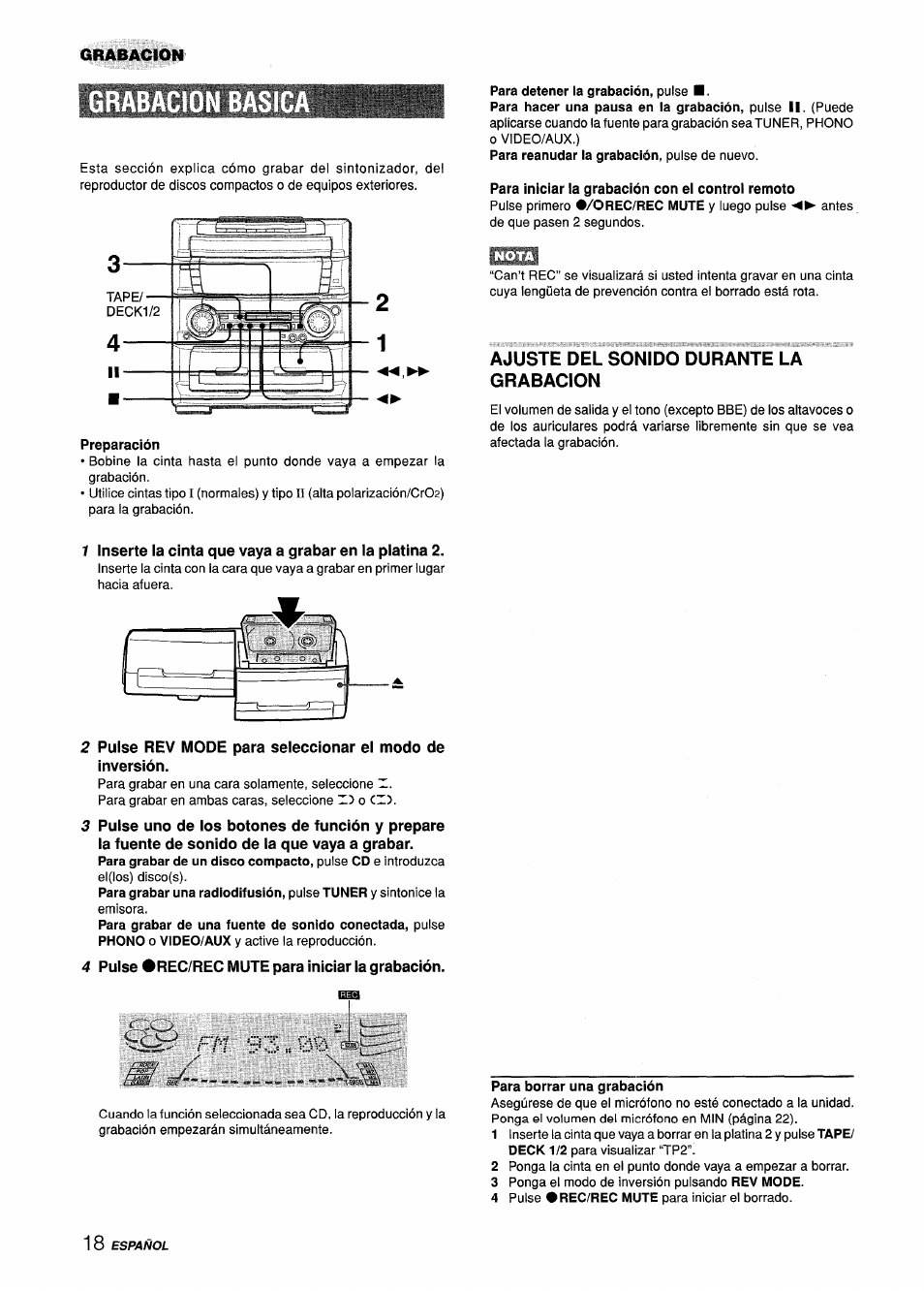 Preparación, Para detener la grabación, pulse, Para iniciar la grabación con el control remoto | Ajuste del sonido durante la grabacion, 4 pulse #rec/rec mute para iniciar la grabación, Para borrar una grabación, C:;o. fri | Aiwa Z-L70 User Manual | Page 46 / 88
