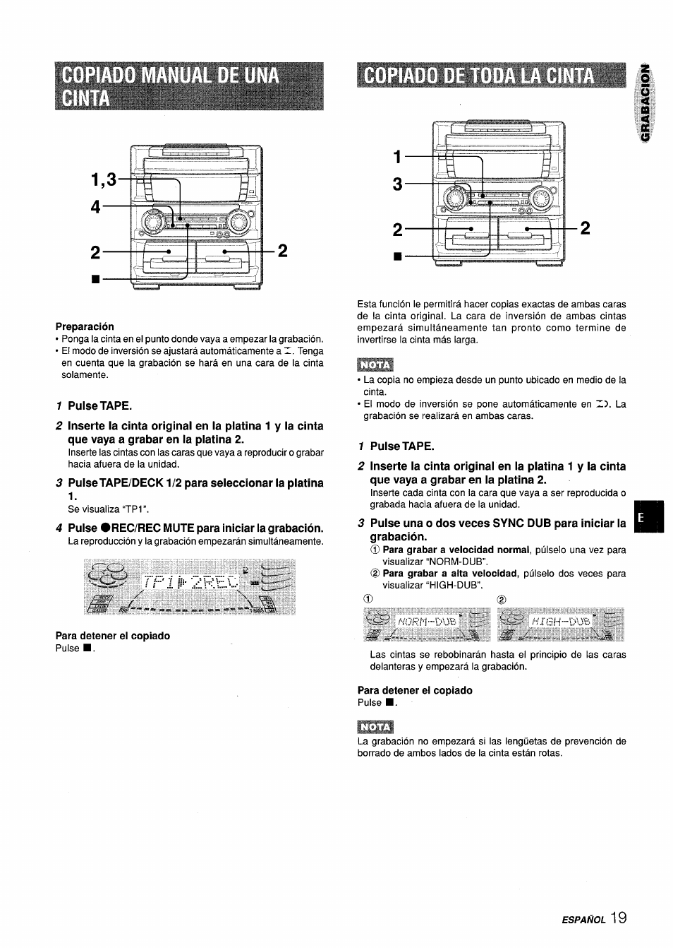 1 pulse tape, 3 pulsetape/deck1/2 para seleccionar la platina, 4 pulse #rec/rec mute para iniciar la grabación | Rp 7 №-2ret | Aiwa Z-L70 User Manual | Page 47 / 88