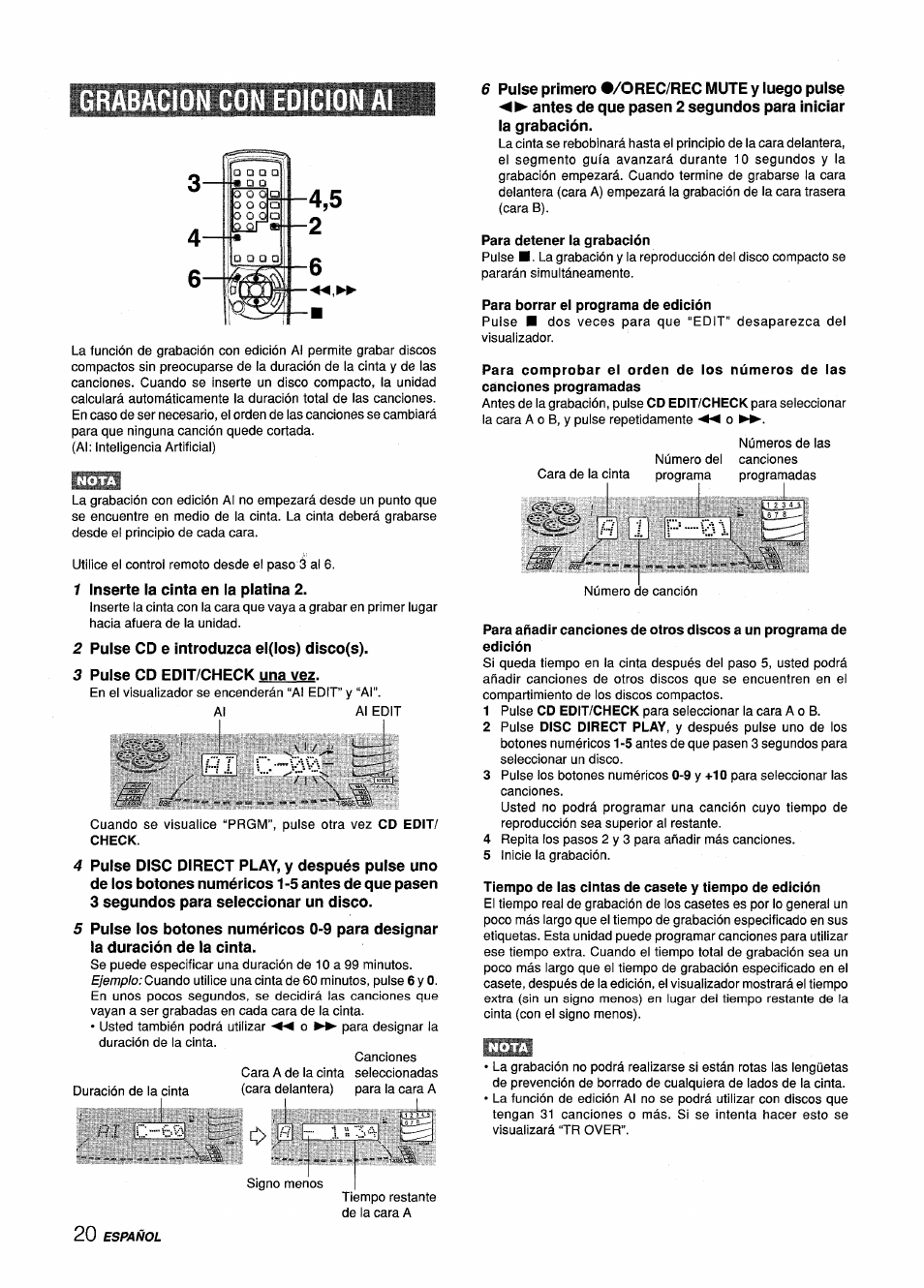 Grabacion con edicion, Para detener la grabación, Para borrar el programa de edición | Tiempo de las cintas de casete y tiempo de edición, S:> ni .;i. í 3n | Aiwa Z-L70 User Manual | Page 48 / 88