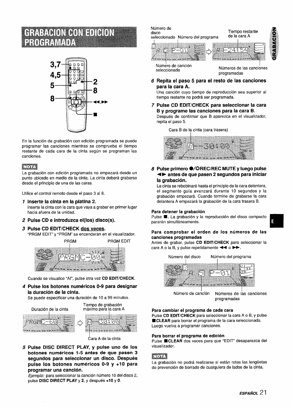 Para detener la grabación, Para borrar el programa de edición, I\ s0 | Aiwa Z-L70 User Manual | Page 49 / 88