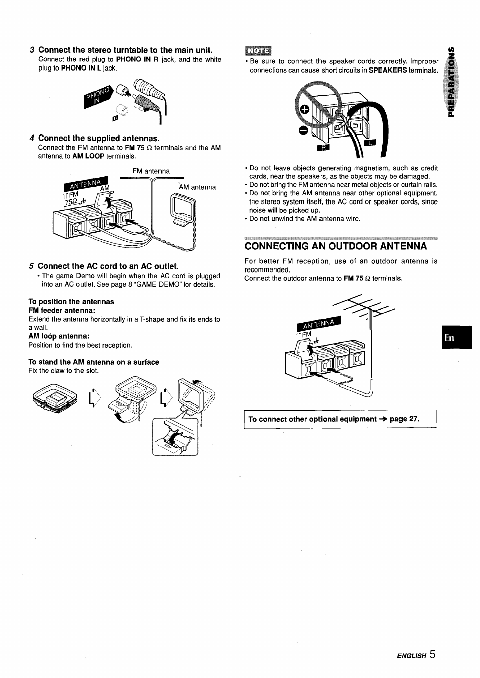 3 connect the stereo turntable to the main unit, 4 connect the supplied antennas, 5 connect the ac cord to an ac outlet | To position the antennas fm feeder antenna, Am loop antenna, To stand the am antenna on a surface, Connecting an outdoor antenna | Aiwa Z-L70 User Manual | Page 5 / 88