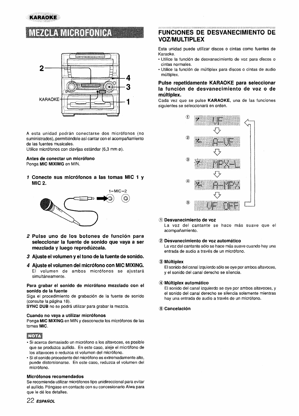 Cuando no vaya a utilizar micrófonos, Micrófonos recomendados, Funciones de desvanecimiento de voz/multiplex | Desvanecimiento de voz, D desvanecimiento de voz automático, 3) múitipiex, Múitipiex automático, D canceiación, Npx-”l | Aiwa Z-L70 User Manual | Page 50 / 88