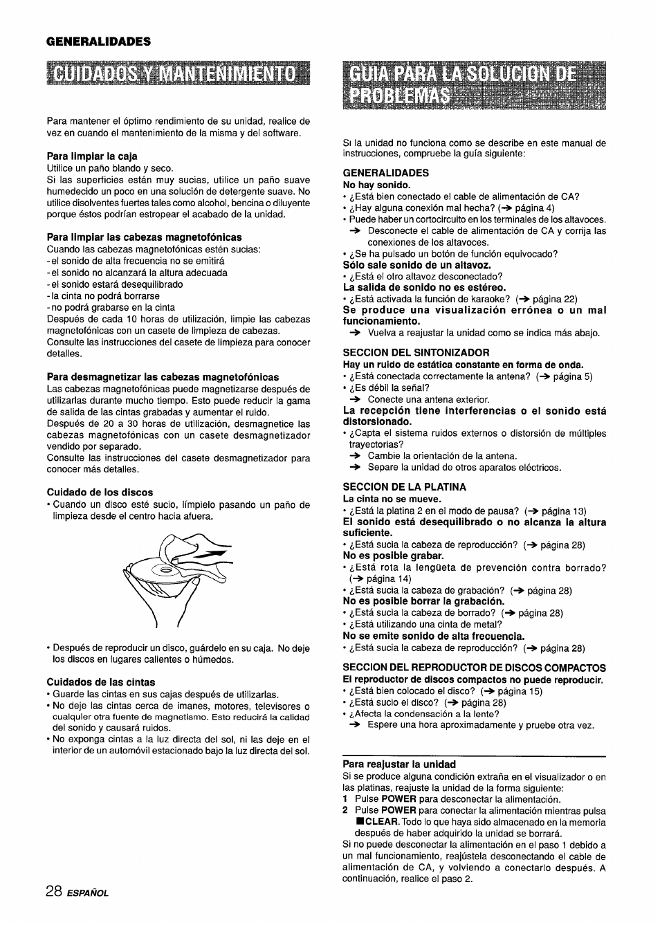 Para limpiar la caja, Para limpiar las cabezas magnetofónicas, Para desmagnetizar las cabezas magnetofónicas | Cuidado de los discos, Cuidados de las cintas, Generalidades no hay sonido, Seccion del sintonizador, Seccion de la platina, Para reajustar la unidad | Aiwa Z-L70 User Manual | Page 56 / 88