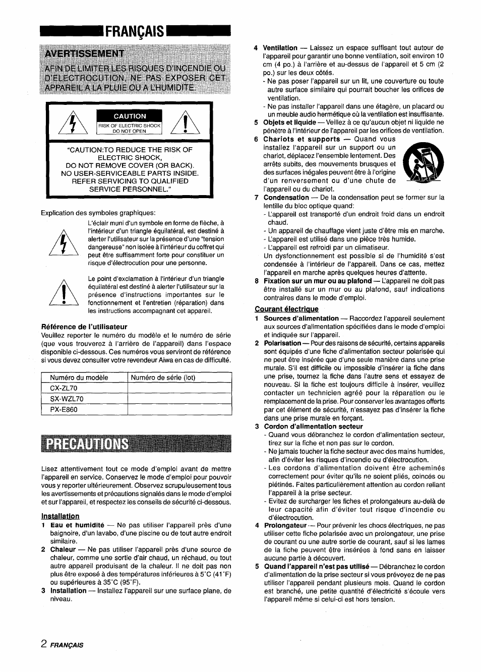 I français i, Avertissement, Référence de l’utilisateur | Français | Aiwa Z-L70 User Manual | Page 58 / 88