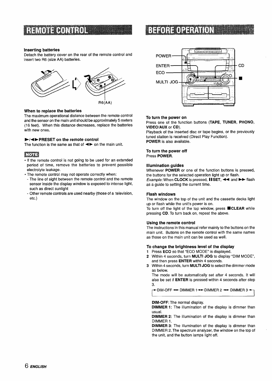 Remote contr, Before operation, Inserting batteries | Preset on the remote control, To turn the power on, To turn the power off press power, Illumination guides, Flash windows, Using the remote control, To change the brightness level of the display | Aiwa Z-L70 User Manual | Page 6 / 88