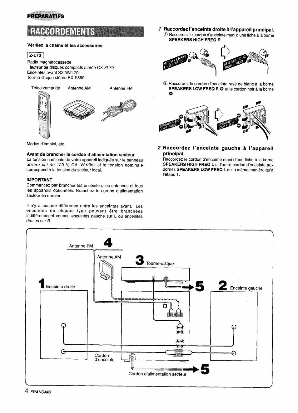 Vérifiez ia chaîne et les accessoires, Avant de brancher le cordon d’alimentation secteur, Important | Mvii) | Aiwa Z-L70 User Manual | Page 60 / 88