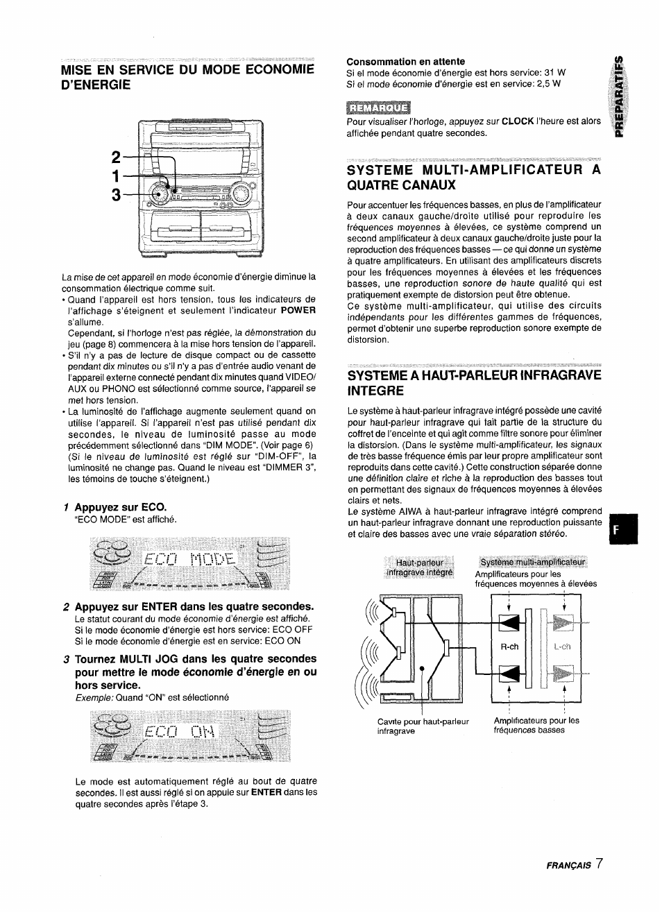 Mise en service du mode economie d’energie, 1 appuyez sur eco, 2 appuyez sur enter dans les quatre secondes | Systeme multi-amplificateur a quatre canaux, Systeme a haut-parleur infragrave integre, Eco 0 | Aiwa Z-L70 User Manual | Page 63 / 88