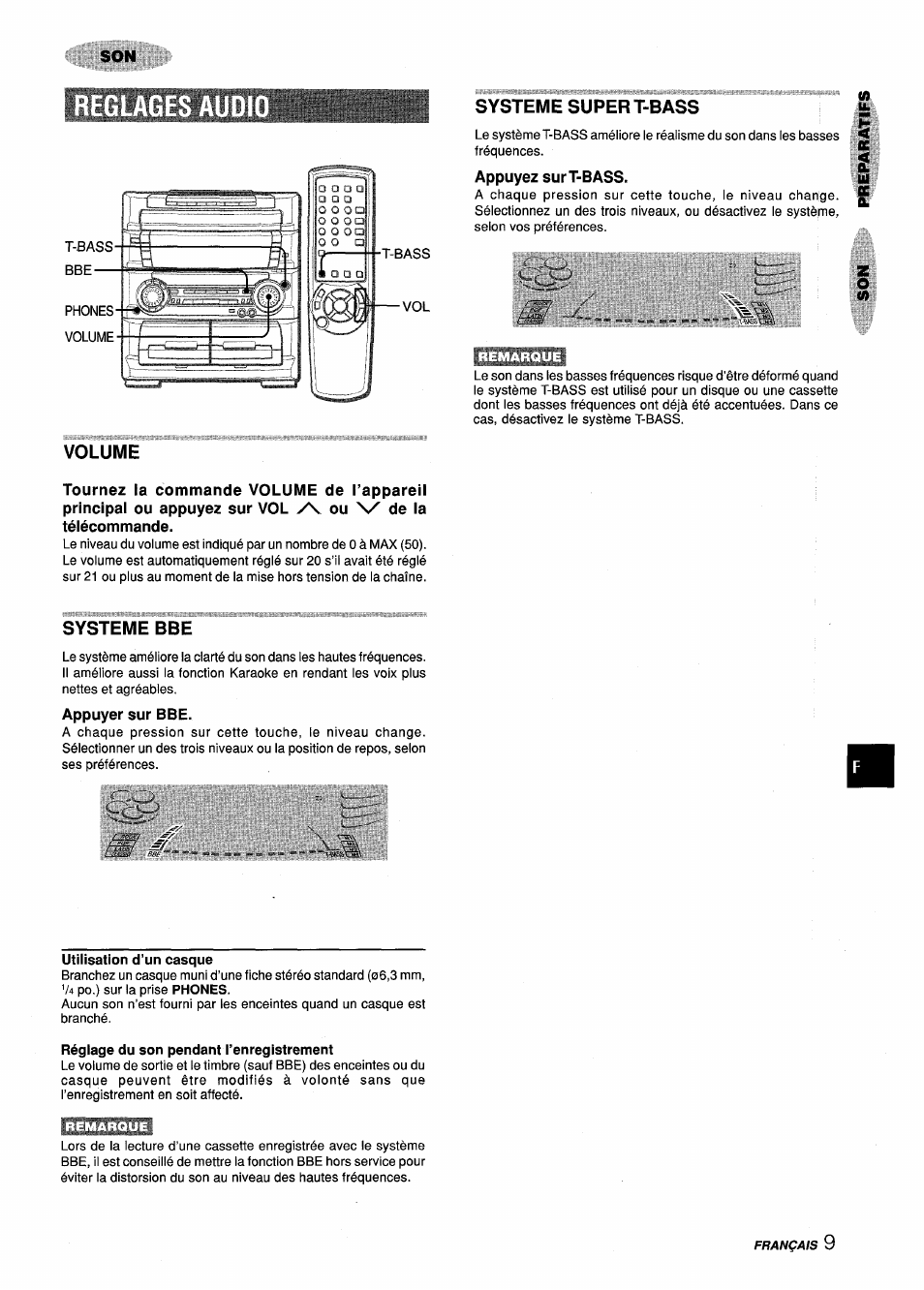 Volume, Systeme super t-bass, Appuyez sur t-bass | Remarque, Systeme bbe, Appuyer sur bbe, Utilisation d’un casque, Réglage du son pendant l’enregistrement | Aiwa Z-L70 User Manual | Page 65 / 88