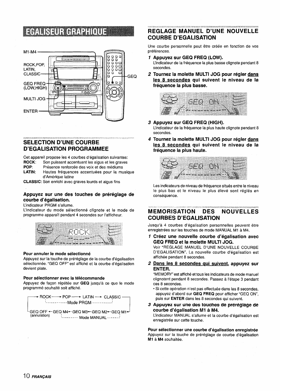 Selection d’une courbe d’egalisation programmee, Pour annuler le mode sélectionné, Pour sélectionner avec la télécommande | Reglage manuel d’une nouvelle courbe d’egalisation, Memorisation des nouvelles courbes d’egalisation, Rock, 6eq ïm | Aiwa Z-L70 User Manual | Page 66 / 88