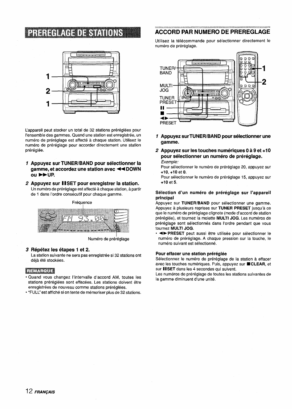 2 appuyez sur ii set pour enregistrer la station, 3 répétez les étapes 1 et 2, Accord par numero de prereglage | 10, +10et0, Pour effacer une station préréglée, Ereglage de station | Aiwa Z-L70 User Manual | Page 68 / 88