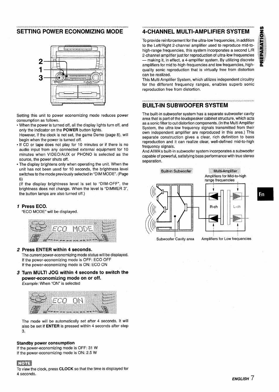 Setting power economizing mode, 1 press eco, 2 press enter within 4 seconds | Channel multi-amplifier system, Built-in subwoofer system, Standby power consumption | Aiwa Z-L70 User Manual | Page 7 / 88