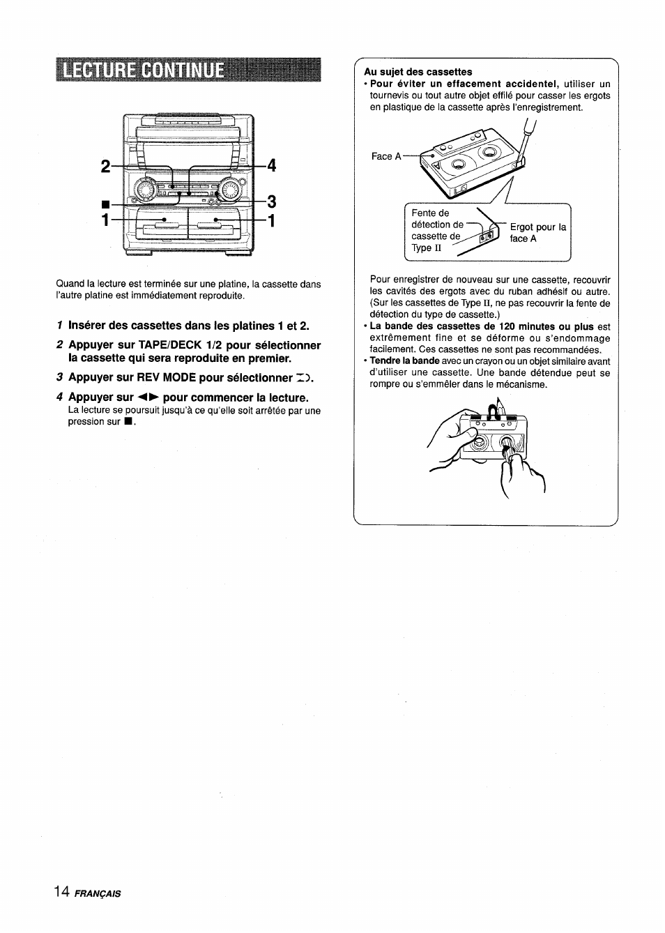 1 insérer des cassettes dans les platines 1 et 2, 3 appuyer sur rev mode pour sélectionner d, 4 appuyer sur pour commencer la lecture | Aiwa Z-L70 User Manual | Page 70 / 88