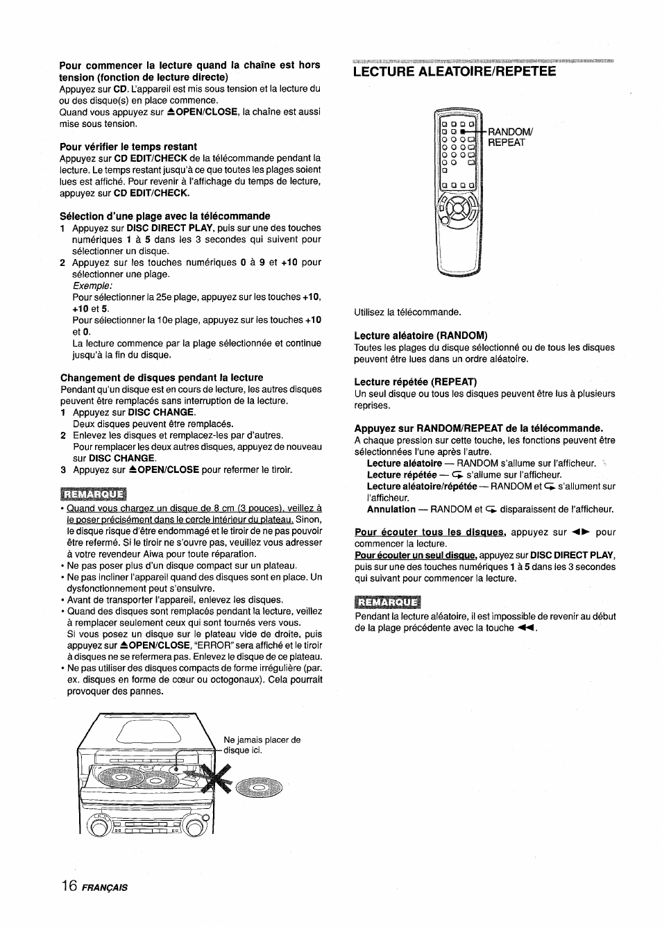 Pour vérifier le temps restant, Sélection d’une plage avec la télécommande, Changement de disques pendant la lecture | Lecture aleatoire/repetee | Aiwa Z-L70 User Manual | Page 72 / 88