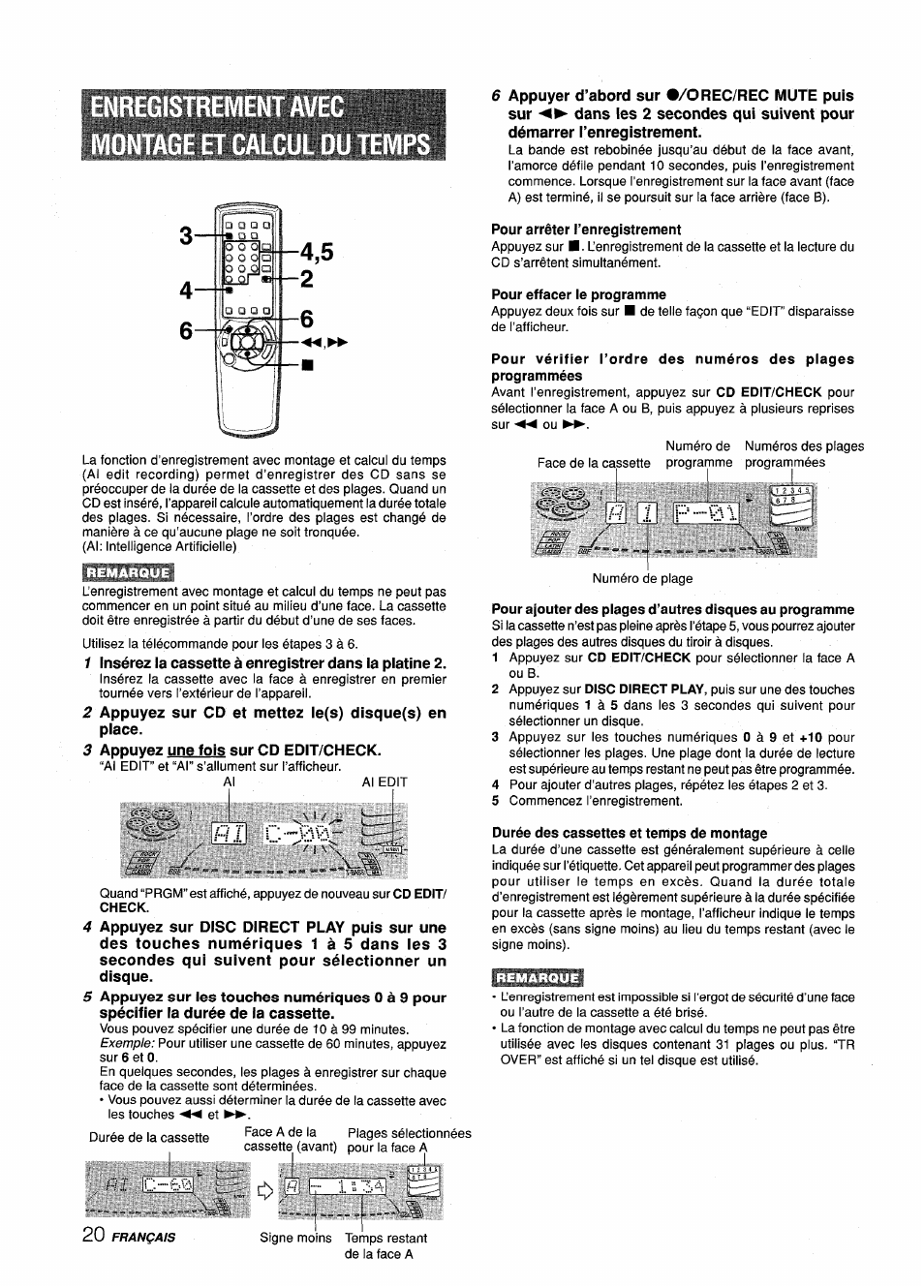 Pour arrêter l’enregistrement, Pour effacer le programme, Durée des cassettes et temps de montage | I- ■■ l î 34 és, C.bà 20, Signe moins | Aiwa Z-L70 User Manual | Page 76 / 88