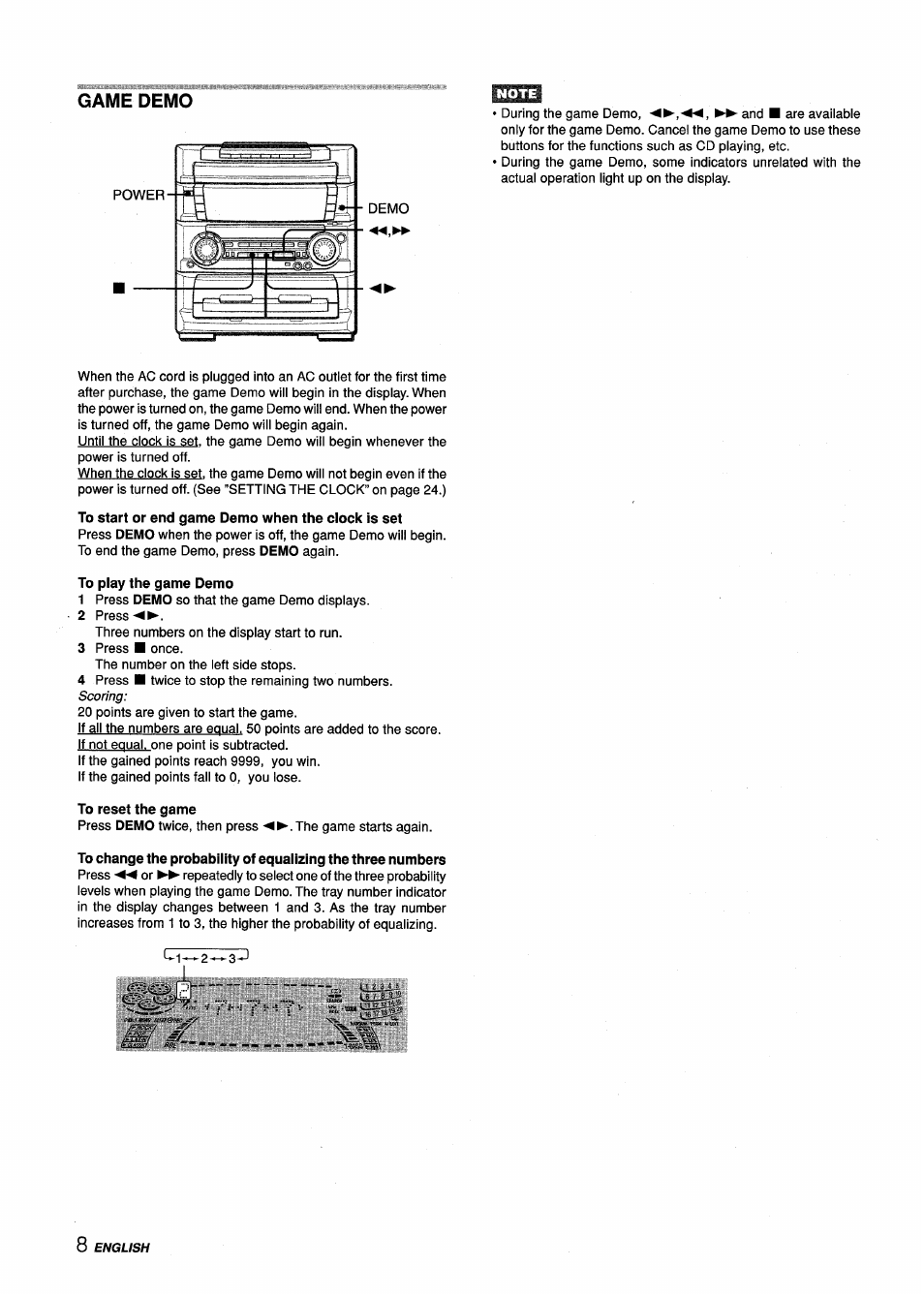 To play the game demo, To reset the game, Game demo | Aiwa Z-L70 User Manual | Page 8 / 88