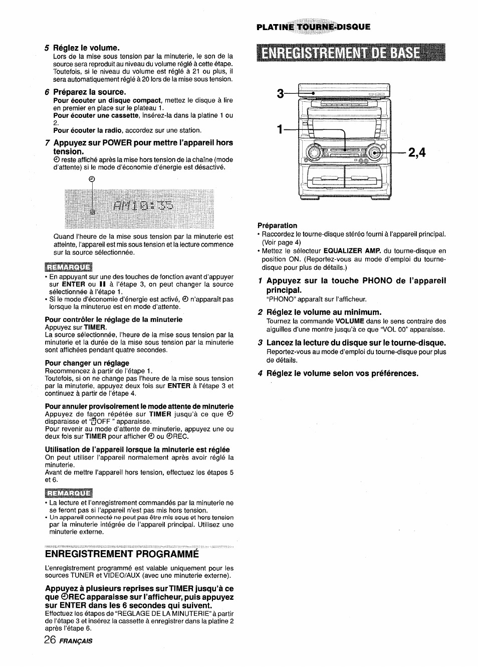 5 réglez le volume, 6 préparez la source, Préparation | 2 réglez le volume au minimum, 3 lancez la lecture du disque sur ie tourne-disque, 4 régiez le volume selon vos préférences, Enregistrement programmé | Aiwa Z-L70 User Manual | Page 82 / 88