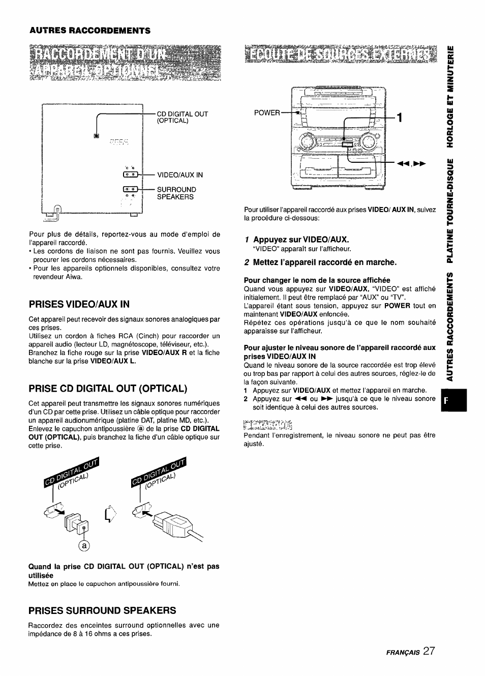 Prises video/aux in, Prise cd digital out (optical), 1 appuyez sur video/aux | 2 mettez l’appareil raccordé en marche, Prises surround speakers | Aiwa Z-L70 User Manual | Page 83 / 88