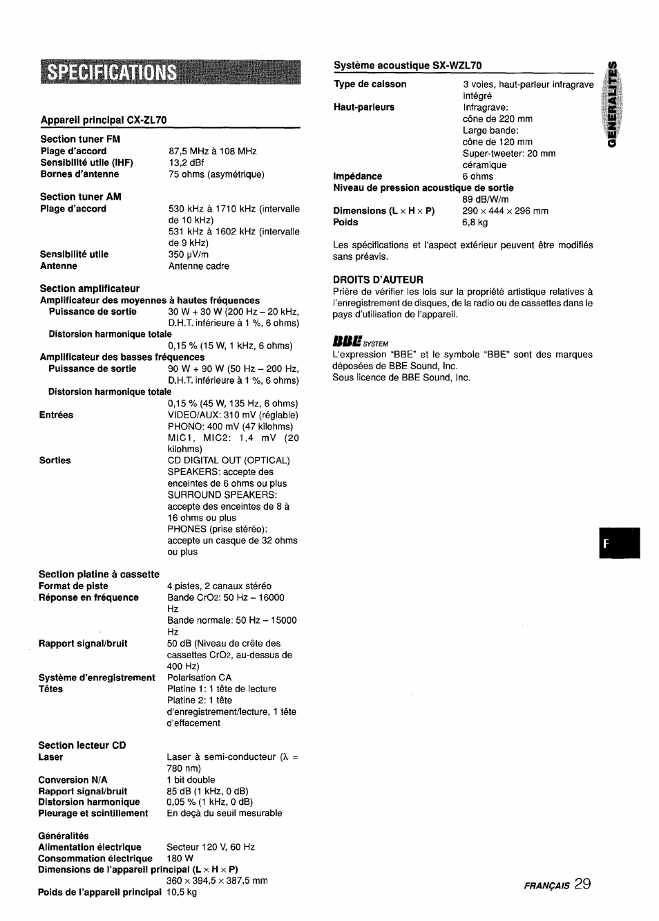 Système acoustique sx-wzl70, Section tuner am plage d’accord, Sensibilité utile antenne | Section amplificateur, Entrées, Sorties, Rapport signal/bruit, Système d’enregistrement têtes, Impédance, Droits d’auteur | Aiwa Z-L70 User Manual | Page 85 / 88
