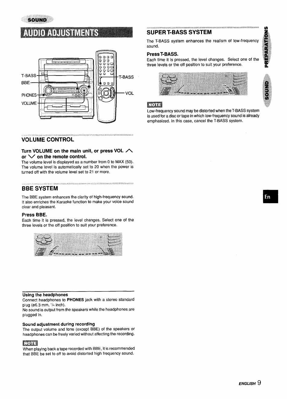 Audio adjustments, Supert-bass system, Press t-bass | Volume control, Bbe system, Press bbe, Using the headphones, Sound adjustment during recording | Aiwa Z-L70 User Manual | Page 9 / 88