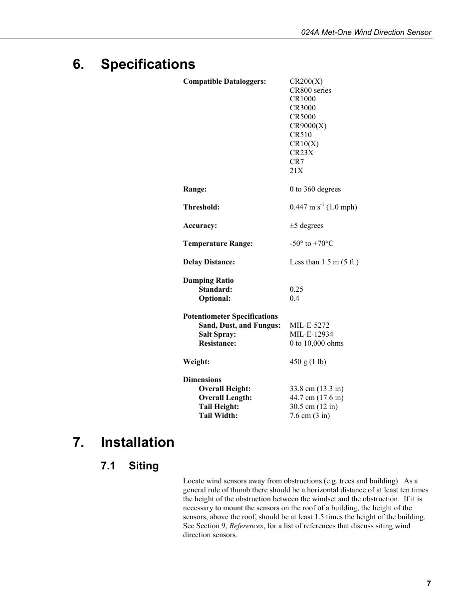 Specifications, Installation, 1 siting | Siting | Campbell Scientific 024A-L Met One Wind Direction Sensor User Manual | Page 13 / 30