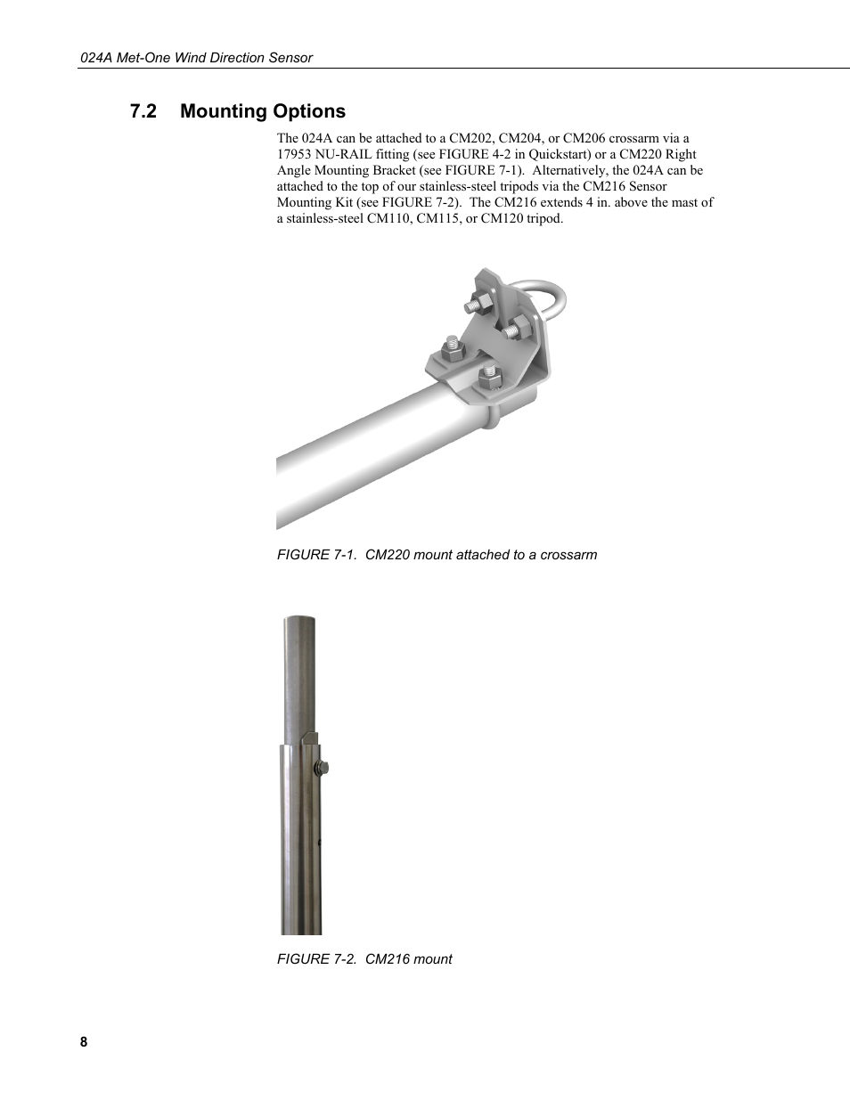 2 mounting options, Mounting options, 1. cm220 mount attached to a crossarm | 2. cm216, Mount | Campbell Scientific 024A-L Met One Wind Direction Sensor User Manual | Page 14 / 30