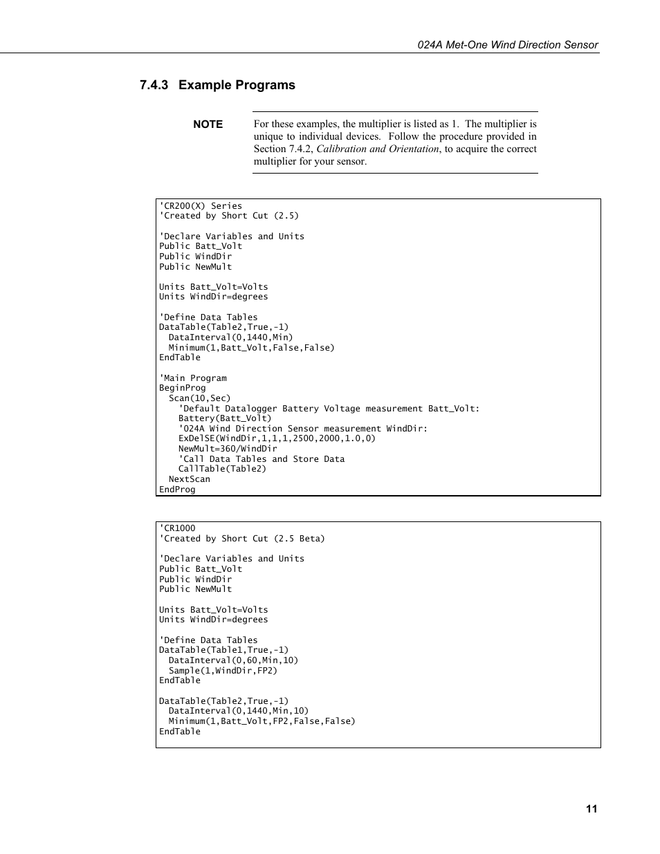 3 example programs, Example programs | Campbell Scientific 024A-L Met One Wind Direction Sensor User Manual | Page 17 / 30