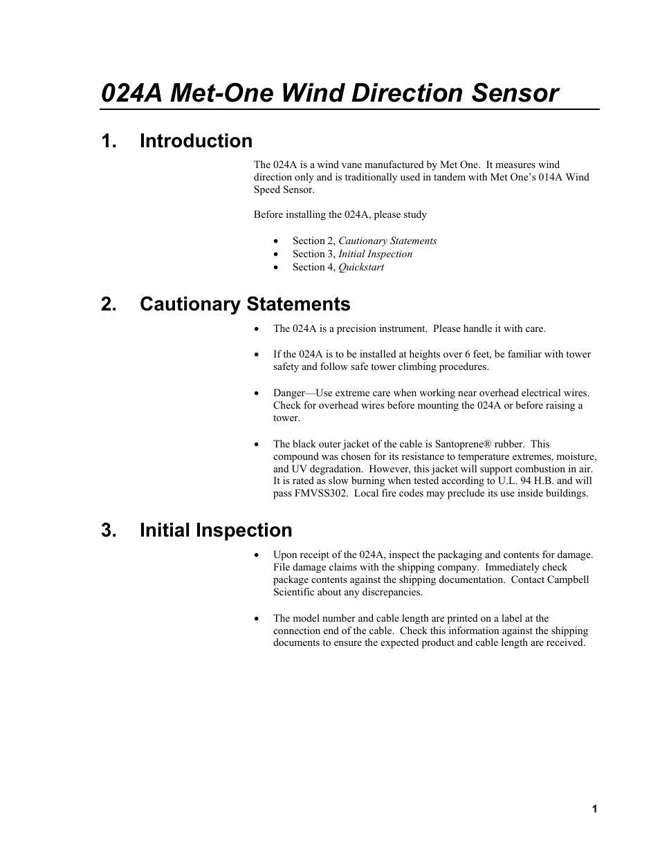Introduction, Cautionary statements, Initial inspection | 024a met-one wind direction sensor | Campbell Scientific 024A-L Met One Wind Direction Sensor User Manual | Page 7 / 30