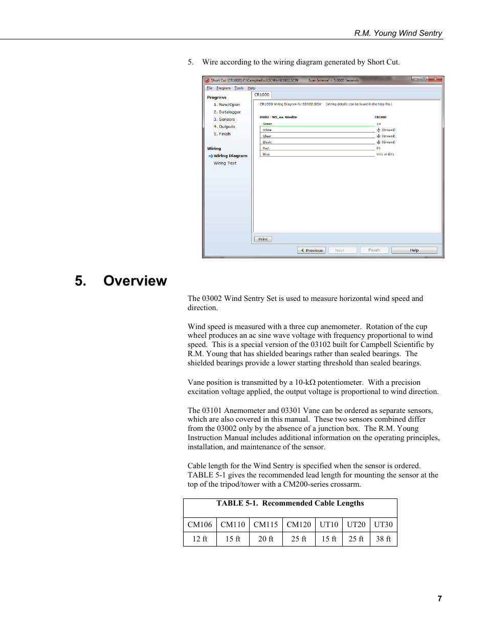 Overview, 1. recommended cable lengths | Campbell Scientific 03002, 03101, and 03301 R. M. Young Wind Sentry Sensors User Manual | Page 13 / 40