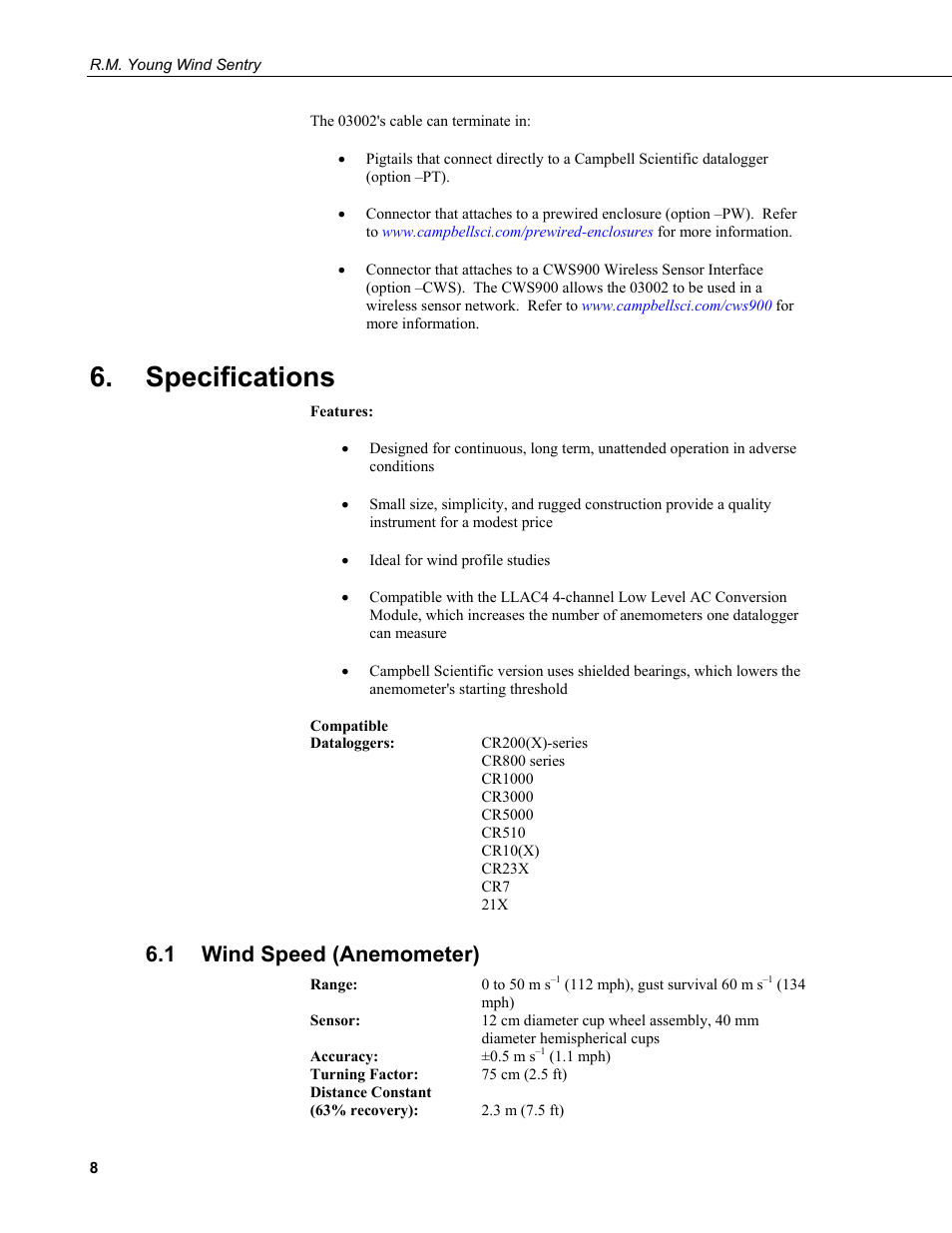 Specifications, 1 wind speed (anemometer), Wind speed (anemometer) | Campbell Scientific 03002, 03101, and 03301 R. M. Young Wind Sentry Sensors User Manual | Page 14 / 40