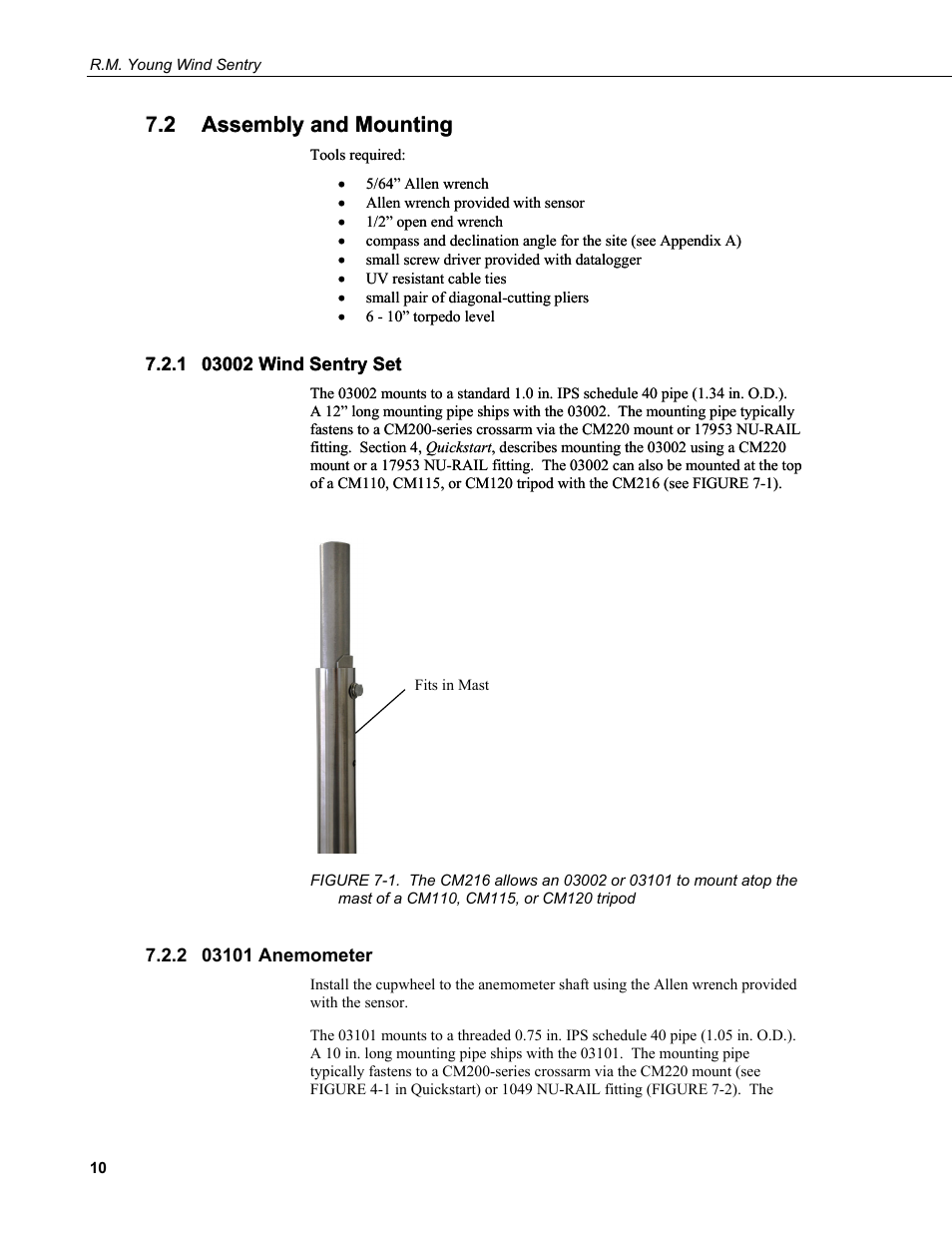 2 assembly and mounting, 1 03002 wind sentry set, 2 03101 anemometer | Assembly and mounting, 03002 wind sentry set, 03101 anemometer, A cm110, cm115, or cm120 tripod, 2 assembly and mounting .2 assembly and mounting | Campbell Scientific 03002, 03101, and 03301 R. M. Young Wind Sentry Sensors User Manual | Page 16 / 40