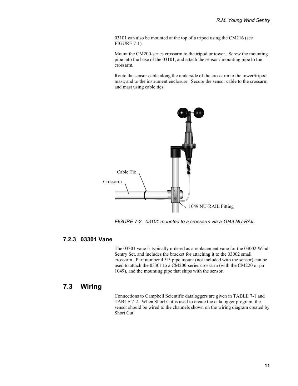 3 03301 vane, 3 wiring, 03301 vane | Wiring, 2. 03101 mounted to a crossarm via a 1049 nu-rail, Figure 7-2) | Campbell Scientific 03002, 03101, and 03301 R. M. Young Wind Sentry Sensors User Manual | Page 17 / 40