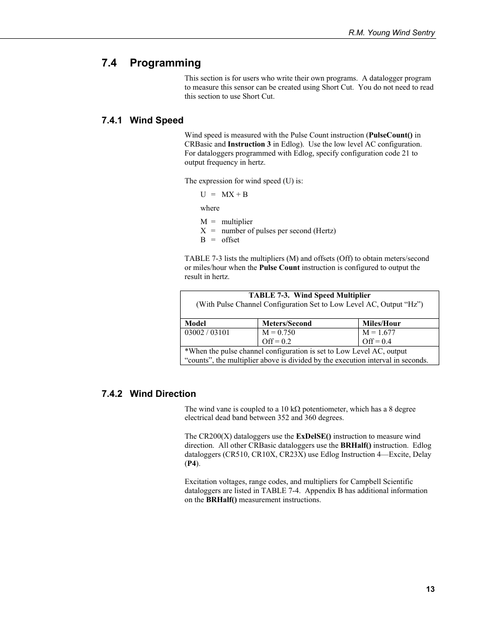 4 programming, 1 wind speed, 2 wind direction | Programming, Wind speed, Wind direction, Low level ac, output “hz”) | Campbell Scientific 03002, 03101, and 03301 R. M. Young Wind Sentry Sensors User Manual | Page 19 / 40