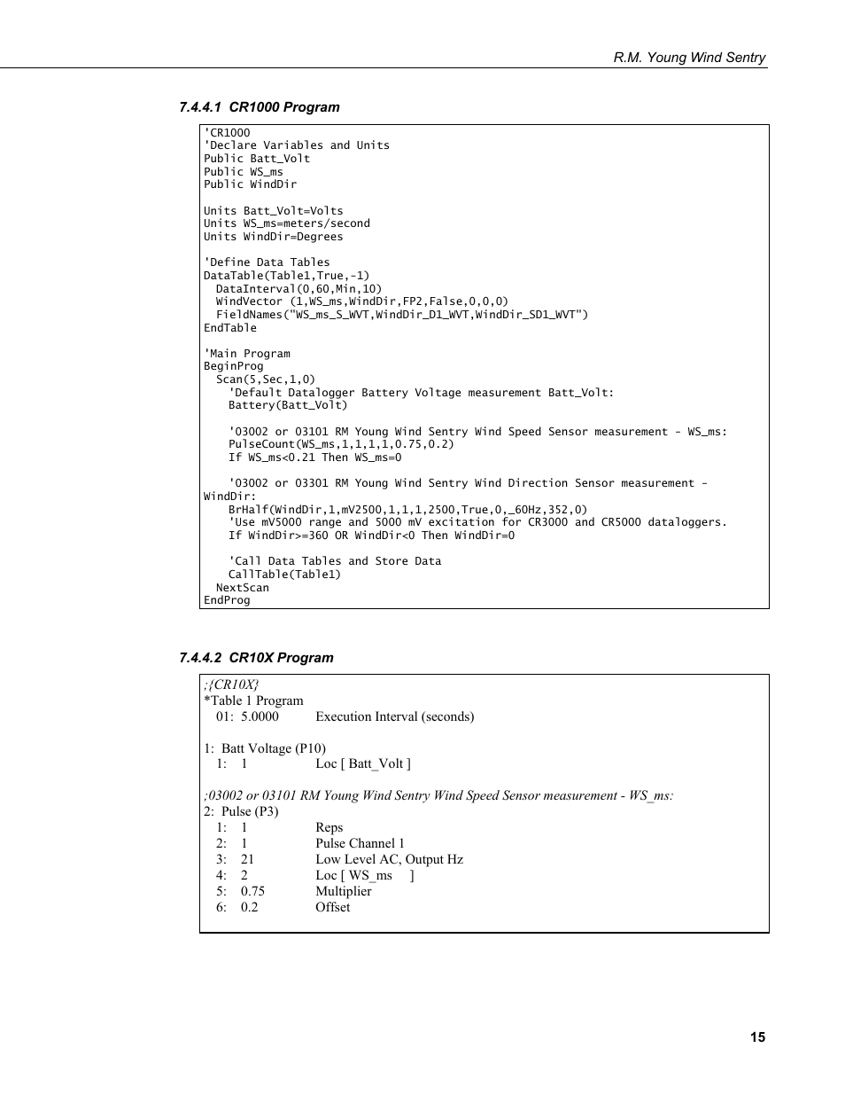 1 cr1000 program, 2 cr10x program, Cr1000 program | Cr10x program | Campbell Scientific 03002, 03101, and 03301 R. M. Young Wind Sentry Sensors User Manual | Page 21 / 40