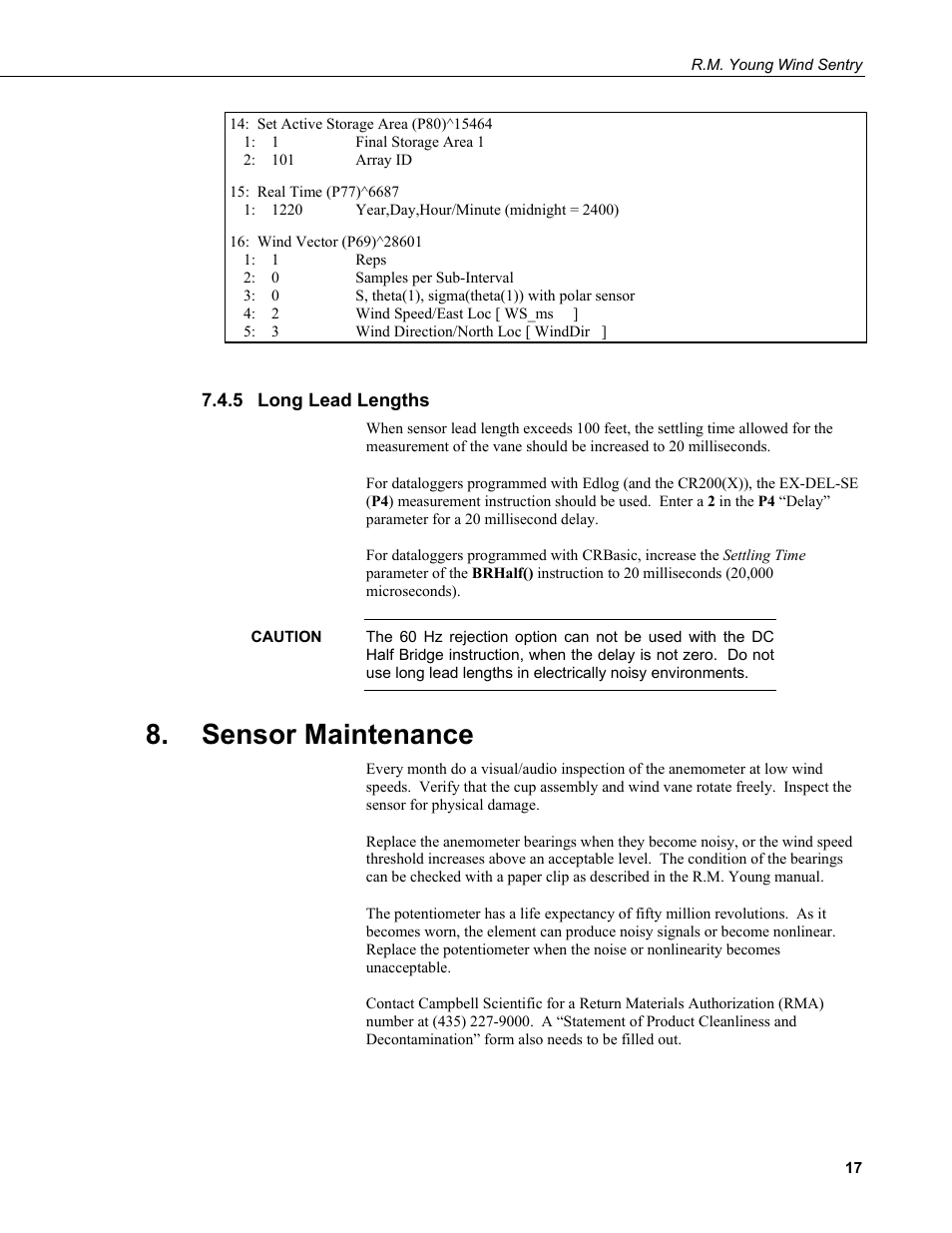5 long lead lengths, Sensor maintenance, Long lead lengths | Campbell Scientific 03002, 03101, and 03301 R. M. Young Wind Sentry Sensors User Manual | Page 23 / 40