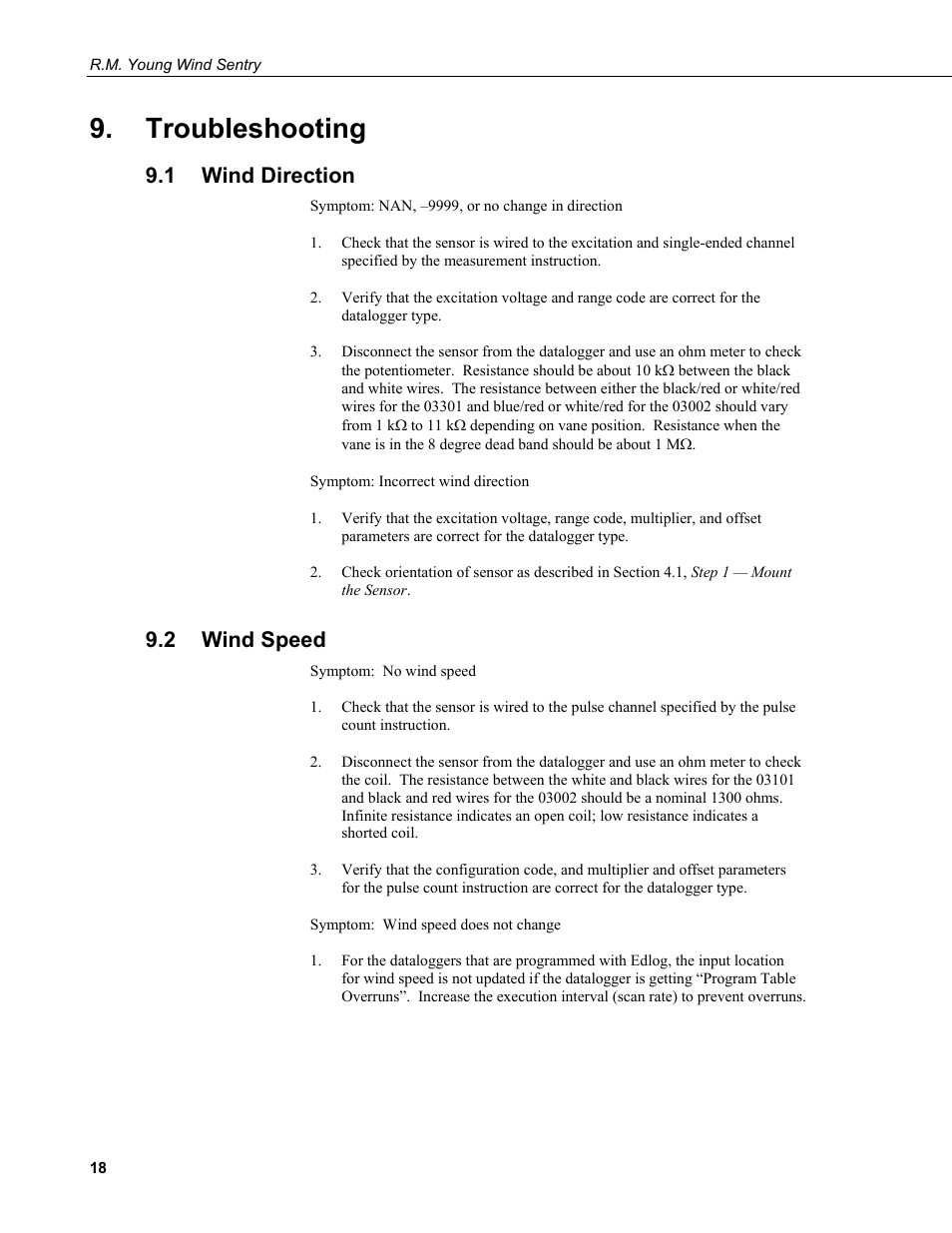 Troubleshooting, 1 wind direction, 2 wind speed | Wind direction, Wind speed | Campbell Scientific 03002, 03101, and 03301 R. M. Young Wind Sentry Sensors User Manual | Page 24 / 40