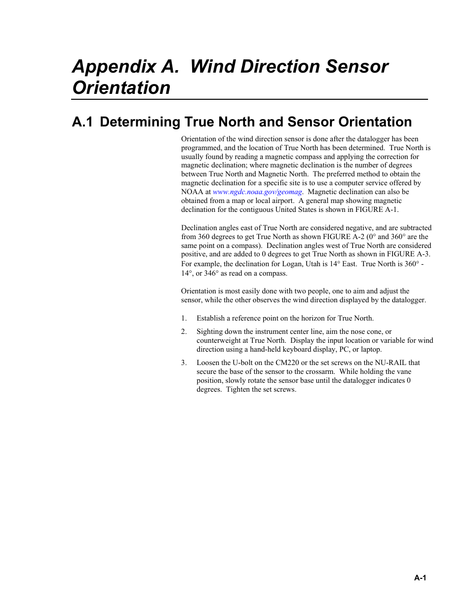 Appendix a. wind direction sensor orientation, A.1 determining true north and sensor orientation, Ee appendix a) | Campbell Scientific 03002, 03101, and 03301 R. M. Young Wind Sentry Sensors User Manual | Page 27 / 40