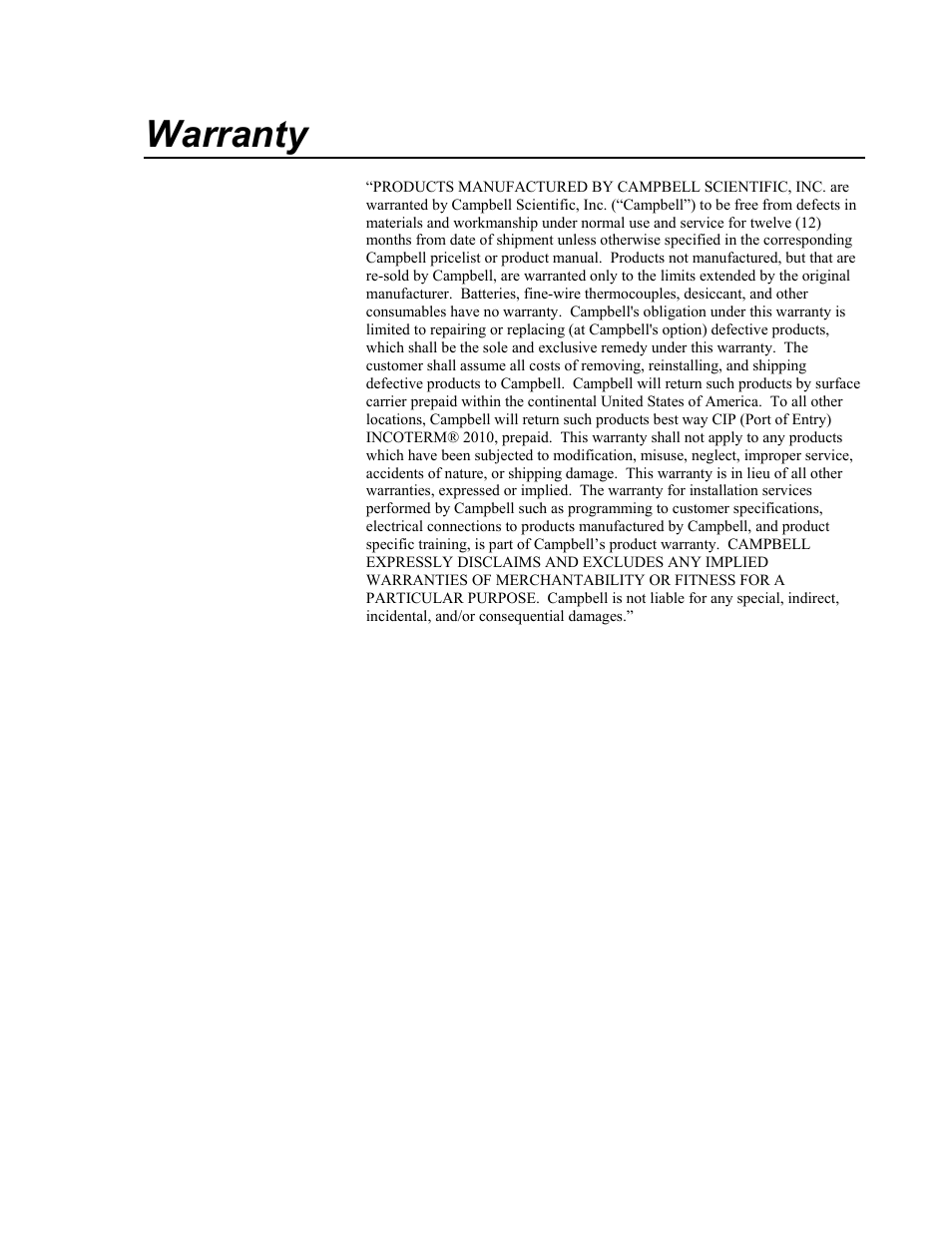 Warranty | Campbell Scientific 03002, 03101, and 03301 R. M. Young Wind Sentry Sensors User Manual | Page 3 / 40